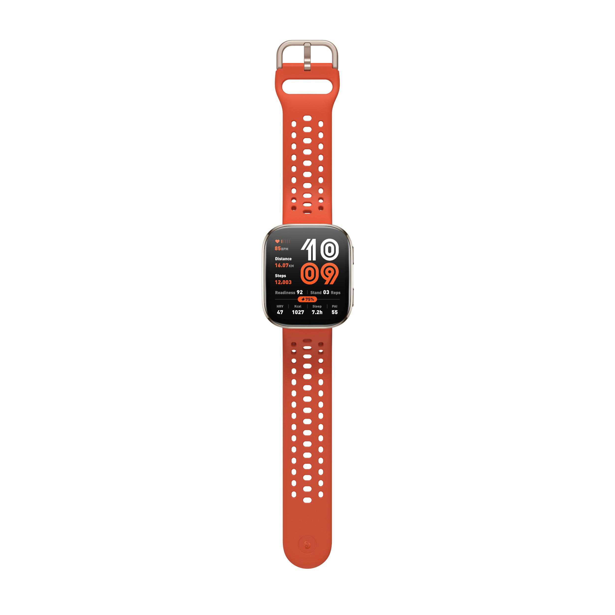 Eine orangefarbene Smartwatch mit einem Display, das Zeit und Aktivitätsmetriken anzeigt. Das Armband ist orange und perforiert.