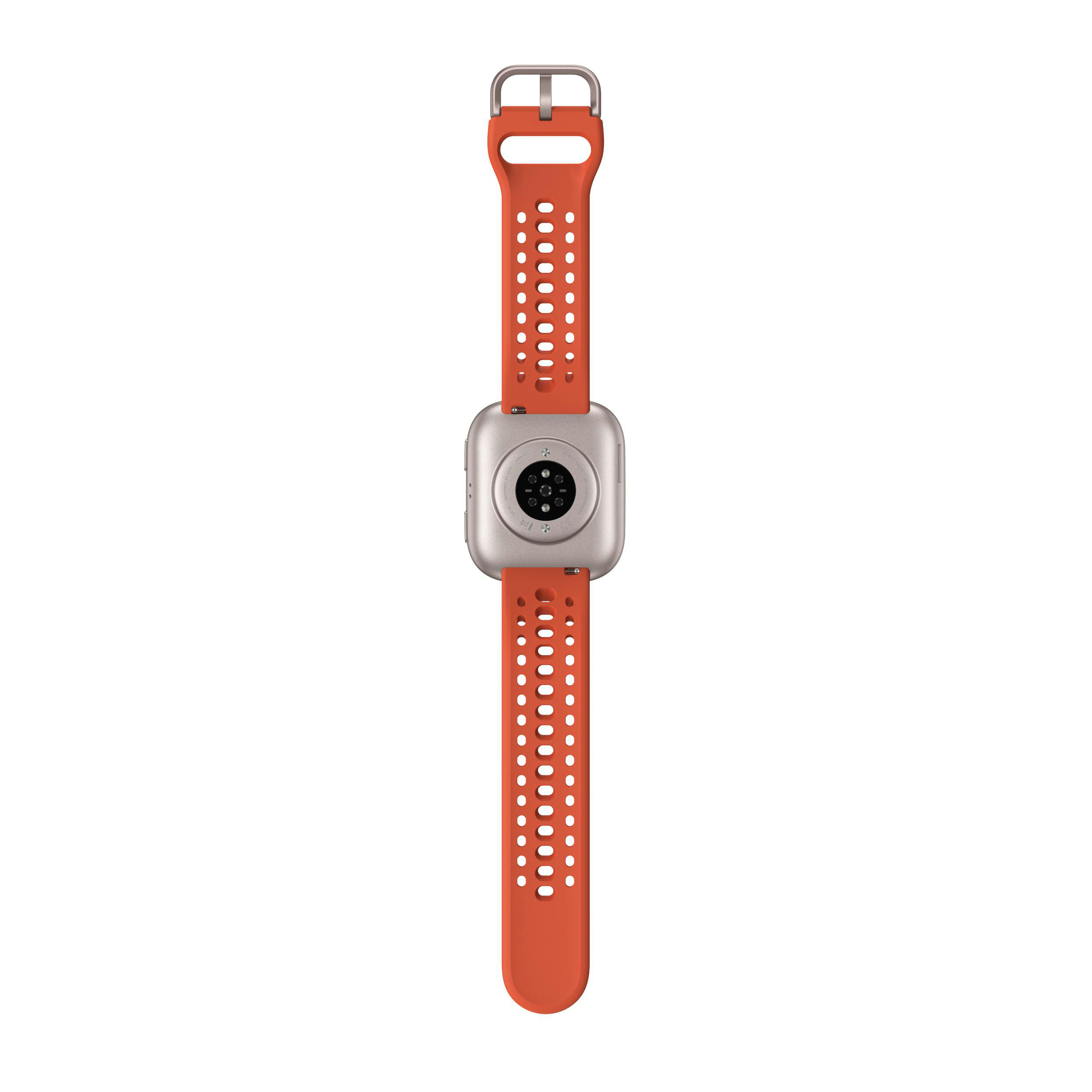 Eine Smartwatch mit orangefarbenem Armband und silbernem Gehäuse wird auf weißem Hintergrund gezeigt.