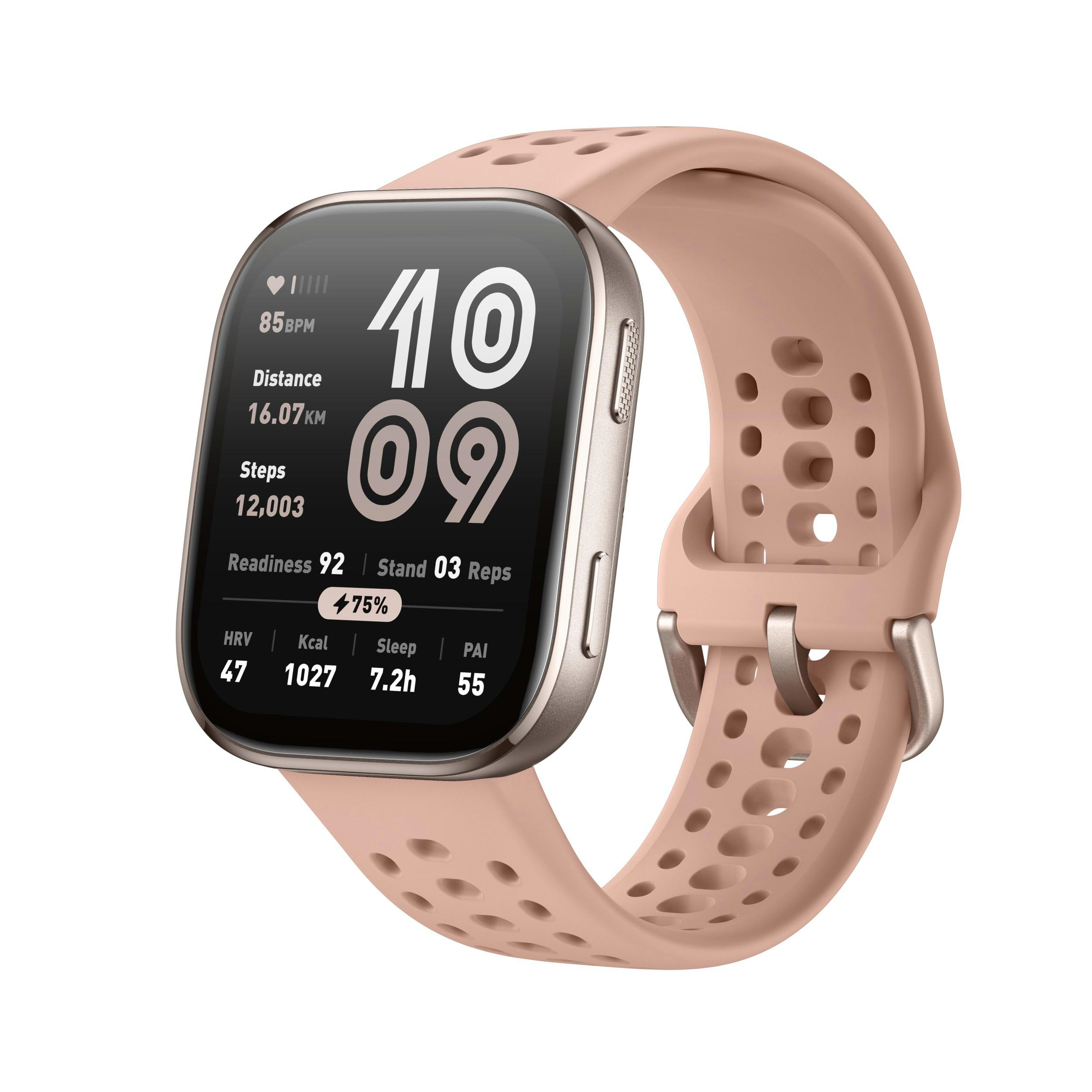 Eine Smartwatch mit rosa Armband zeigt Gesundheitsmetriken wie Herzfrequenz, Distanz, Schritte und Bereitschaft an.