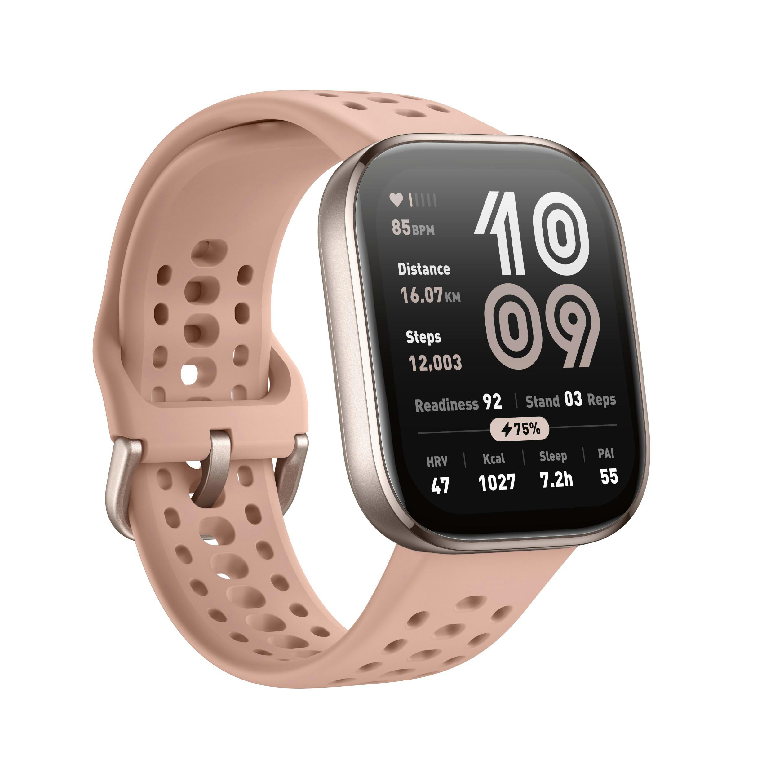 Eine Smartwatch mit rosa Armband zeigt Gesundheitsdaten an. Zahlen umfassen Herzfrequenz, Distanz, Schritte und Schlafzeit.