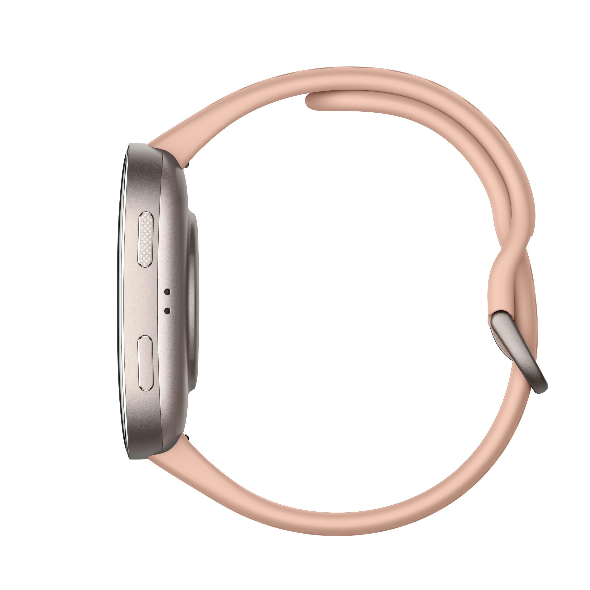 Seitenansicht einer Smartwatch mit hellrosa Armband und silberfarbenem Zifferblatt. Der Hintergrund ist weiß.