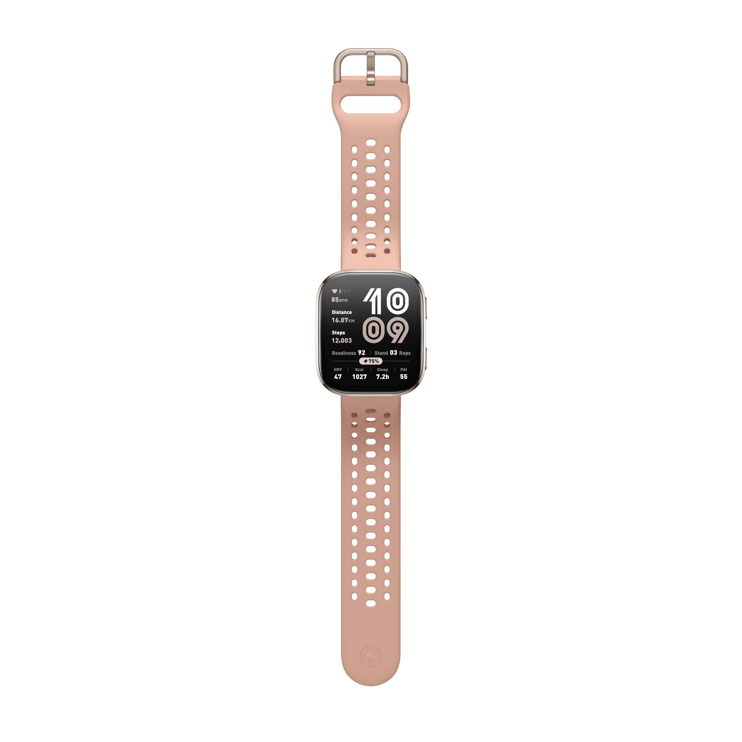 Eine rosa Smartwatch mit Armband, die Gesundheitsdaten anzeigt. Der Bildschirm zeigt Zeit und Fitnessdaten.