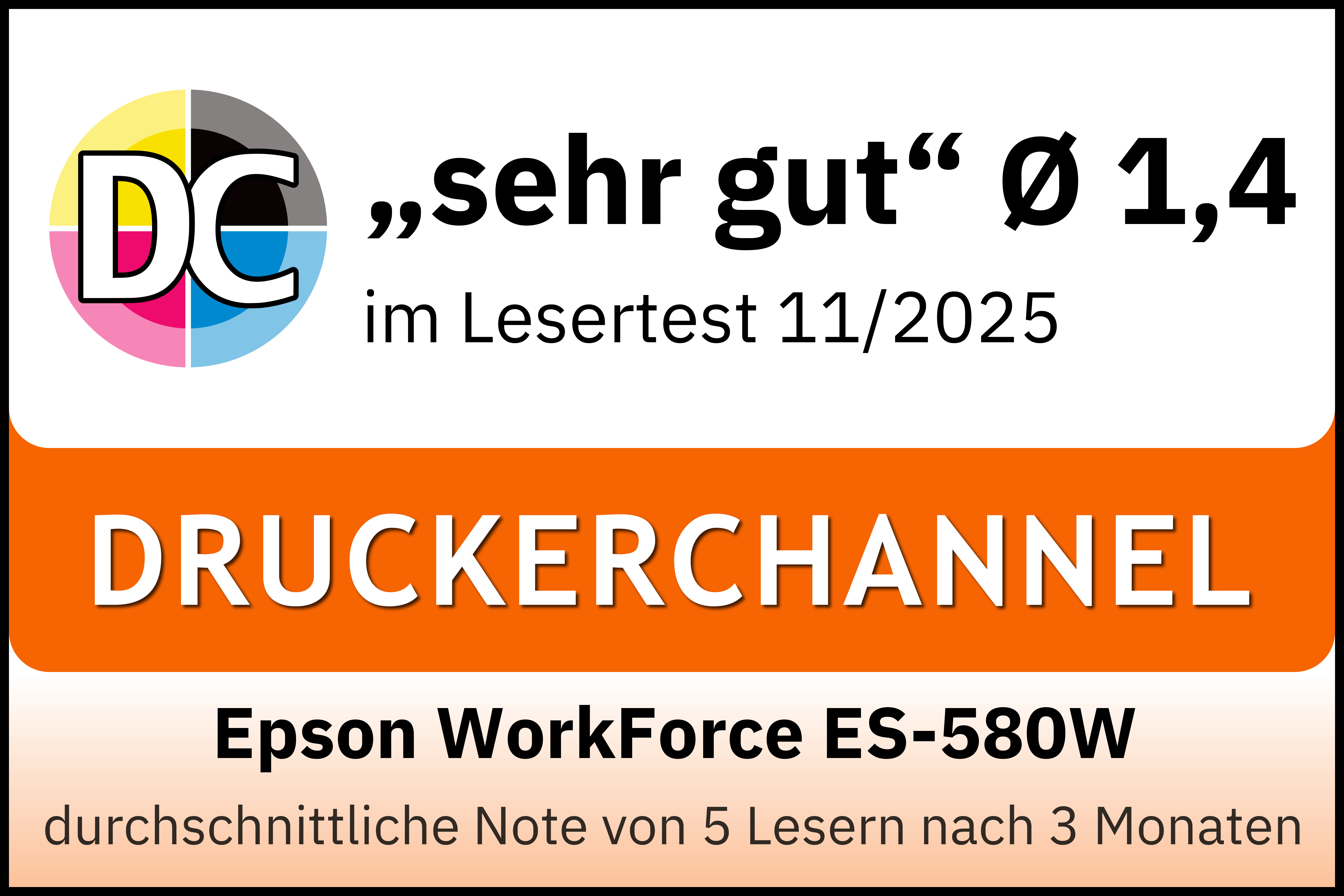 Das Bild zeigt ein Logo, den Text „sehr gut“ und eine Bewertung von 1,4. Außerdem enthält es das Epson-Druckermodell.