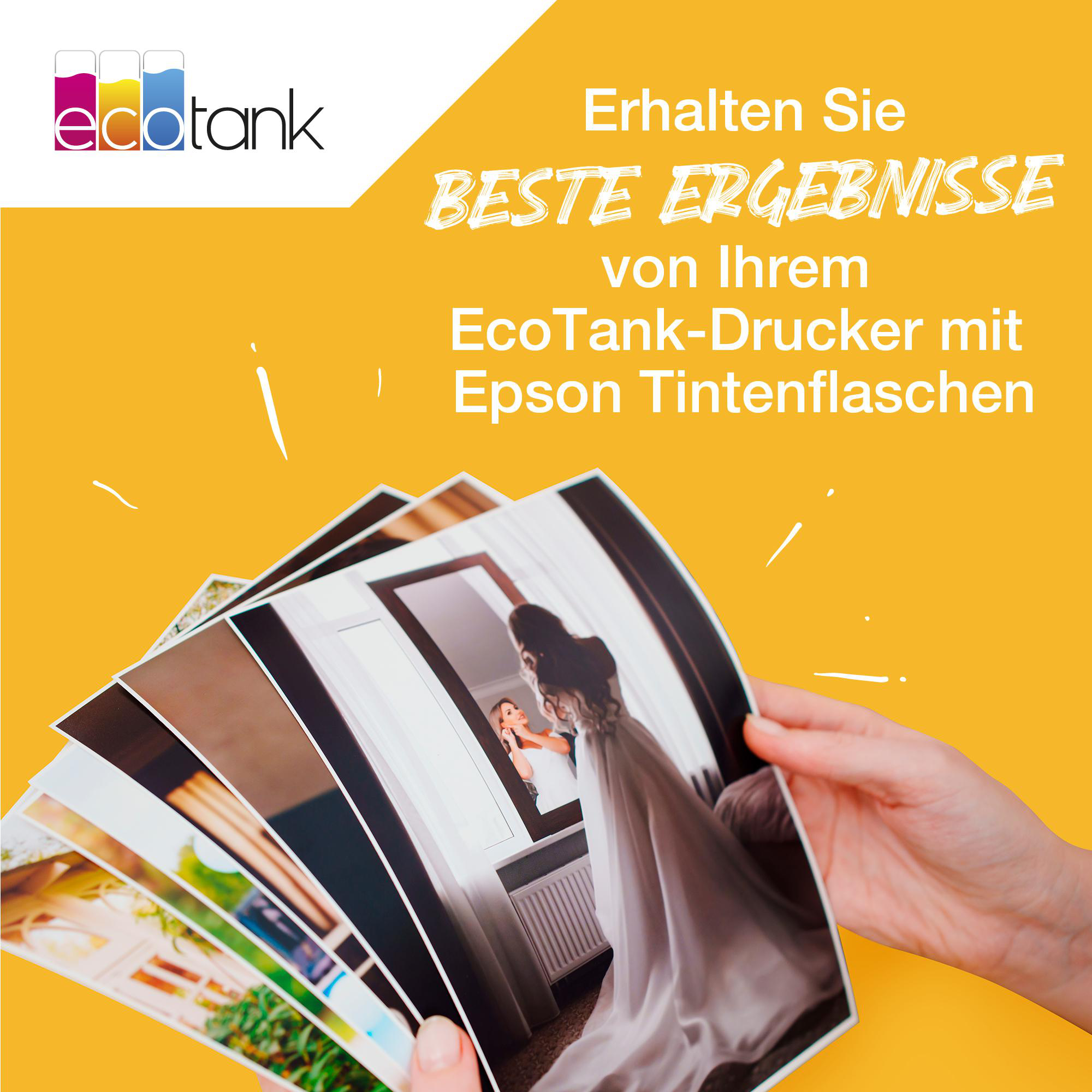 Hände halten Fotos einer Braut. Text: 'Beste Ergebnisse vom EcoTank-Drucker mit Epson-Tintenflaschen' auf gelbem Grund.
