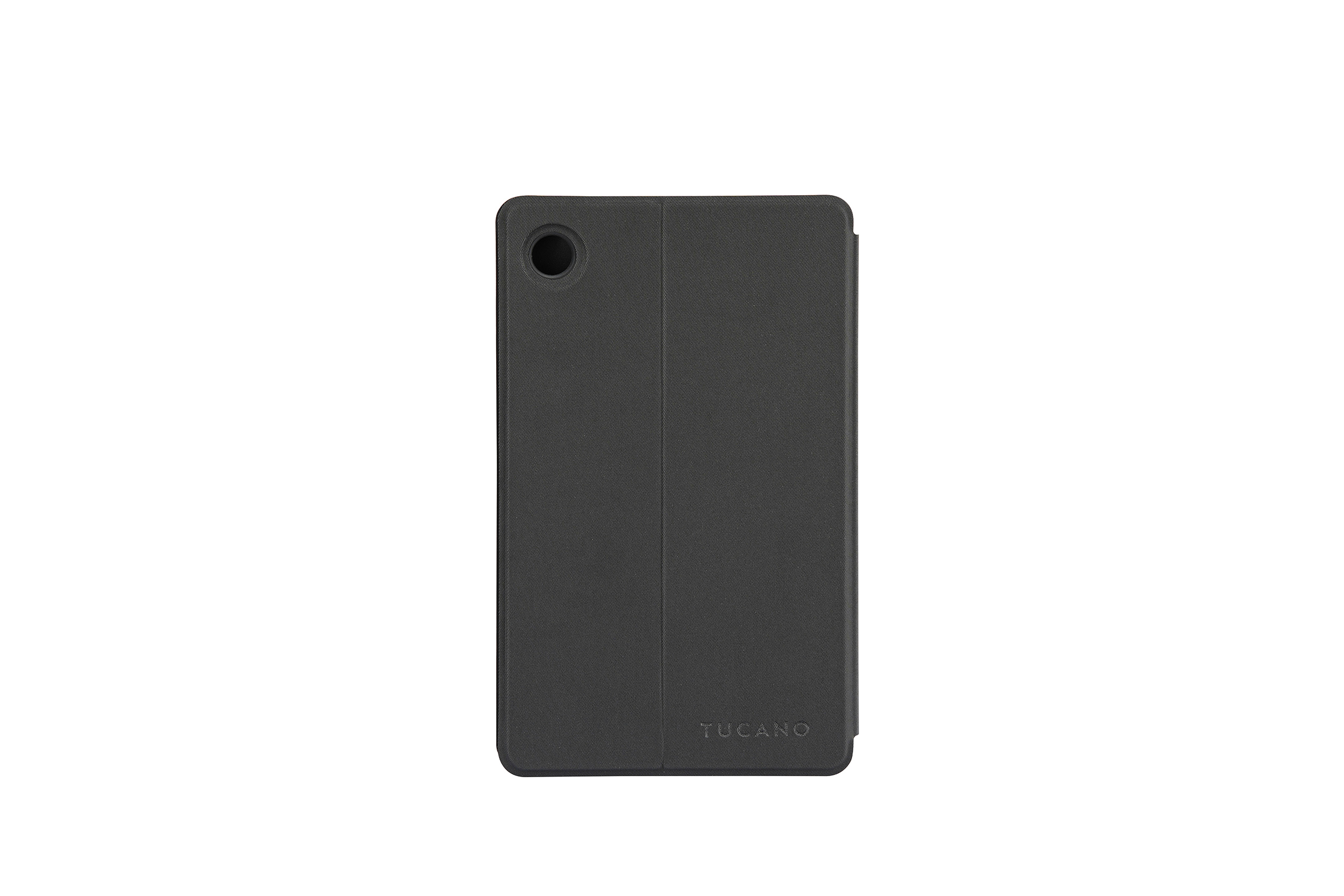 Eine schwarze Tablet-Hülle mit einem Kamera Loch und dem Markennamen 'Tucano' auf weißem Hintergrund.