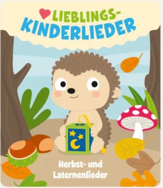 Eine Cartoon-Illustration. Ein Igel hält eine Laterne. Bunte Blätter und ein Pilz sind um ihn herum. Der Titel lautet 'Kinderlieder'.