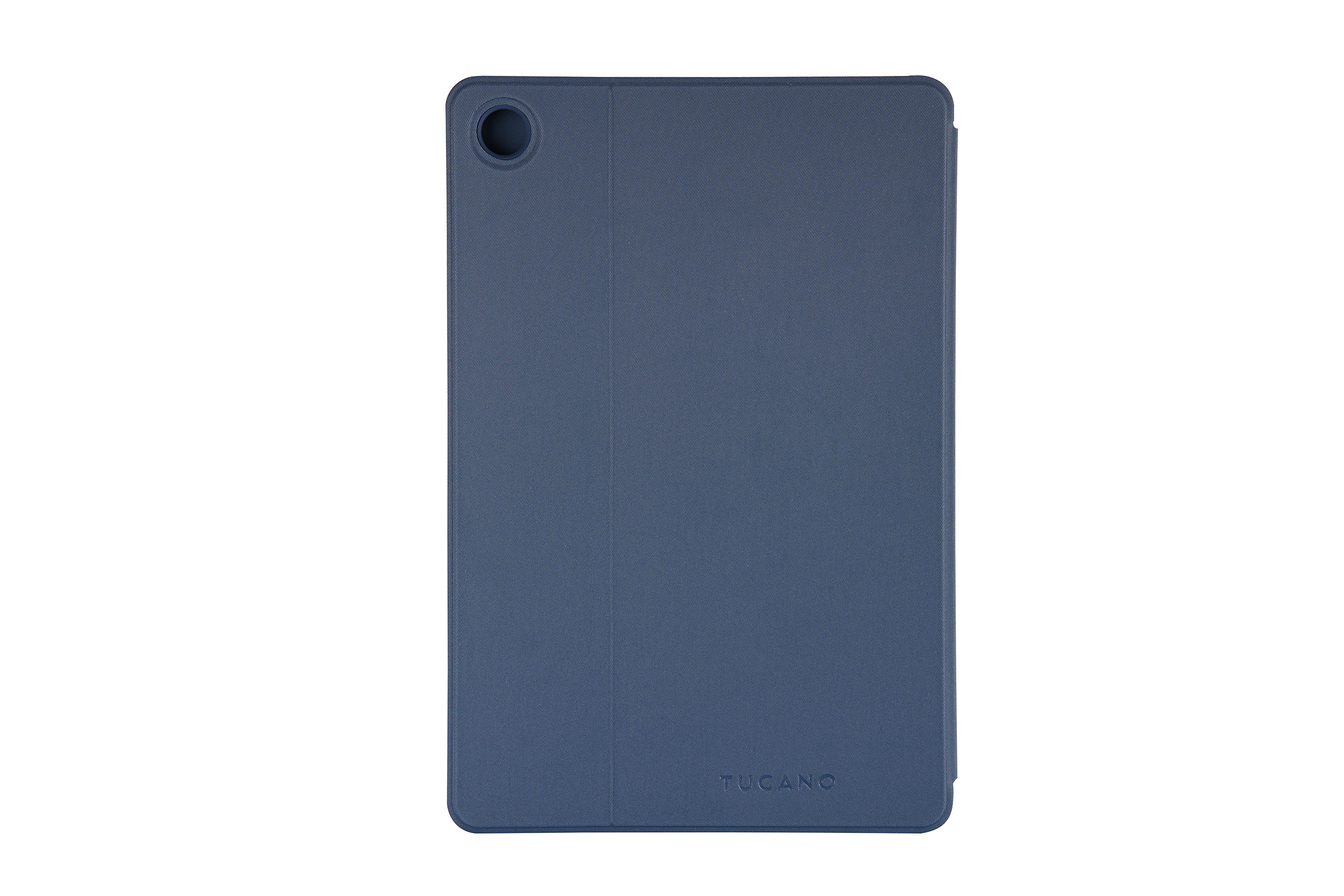 Eine blaue Tablethülle mit einem Kamerloch und dem Markennamen 'Tucano' auf weißem Hintergrund.