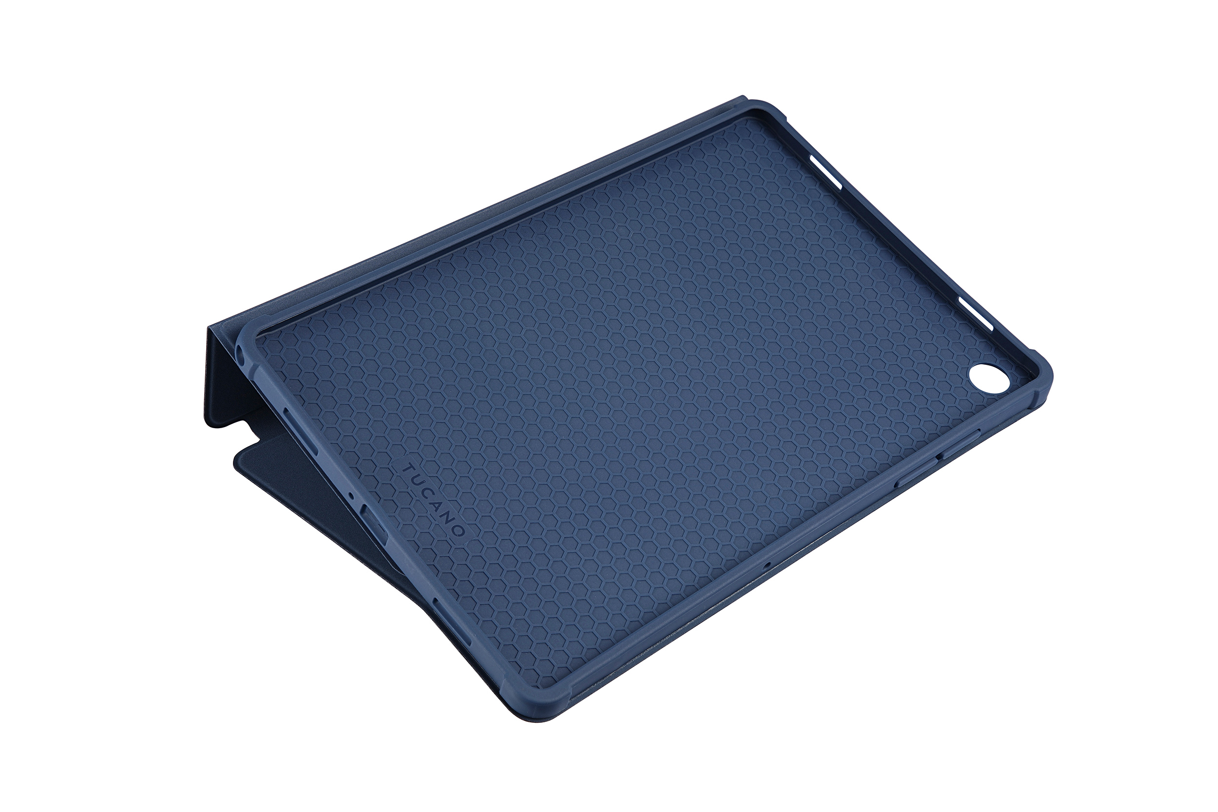 Blaue Tablet-Hülle mit Wabenmuster. Die Hülle ist geöffnet und zeigt die Innenseite.