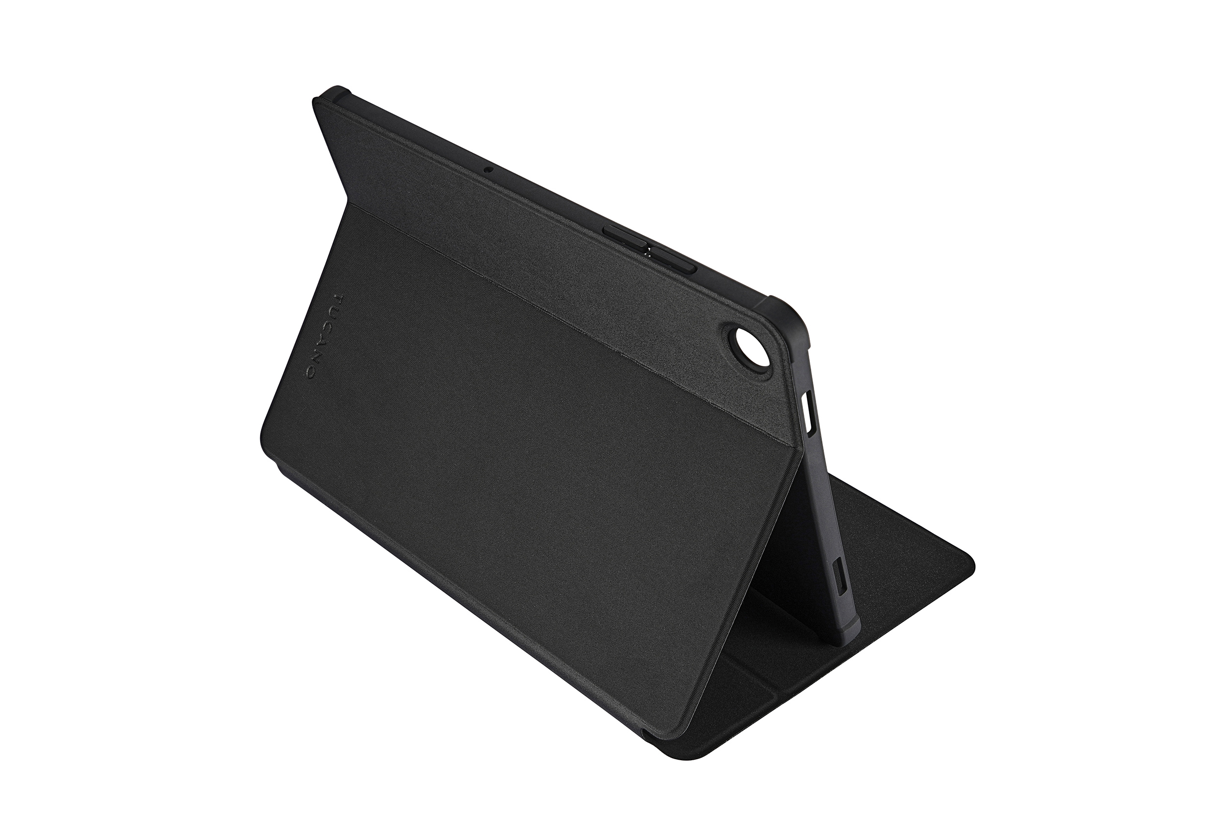 Schwarze Tablet-Hülle in Ständerposition, auf weißem Hintergrund. Zeigt die Außenseite mit sichtbaren Knöpfen und Kamera.