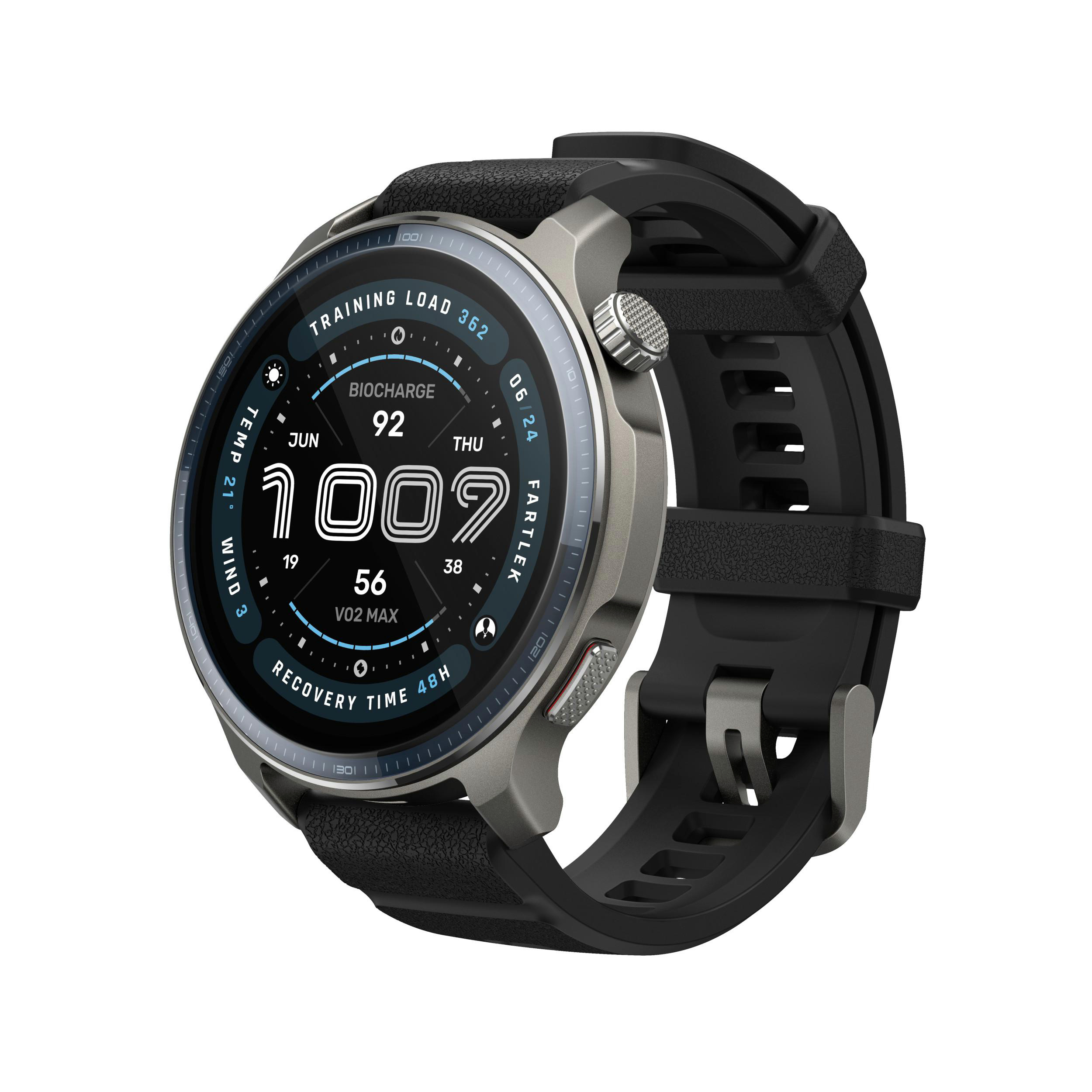 Eine Smartwatch mit schwarzem Armband, grauem Gehäuse und digitaler Anzeige mit Gesundheitsdaten und Uhrzeit.