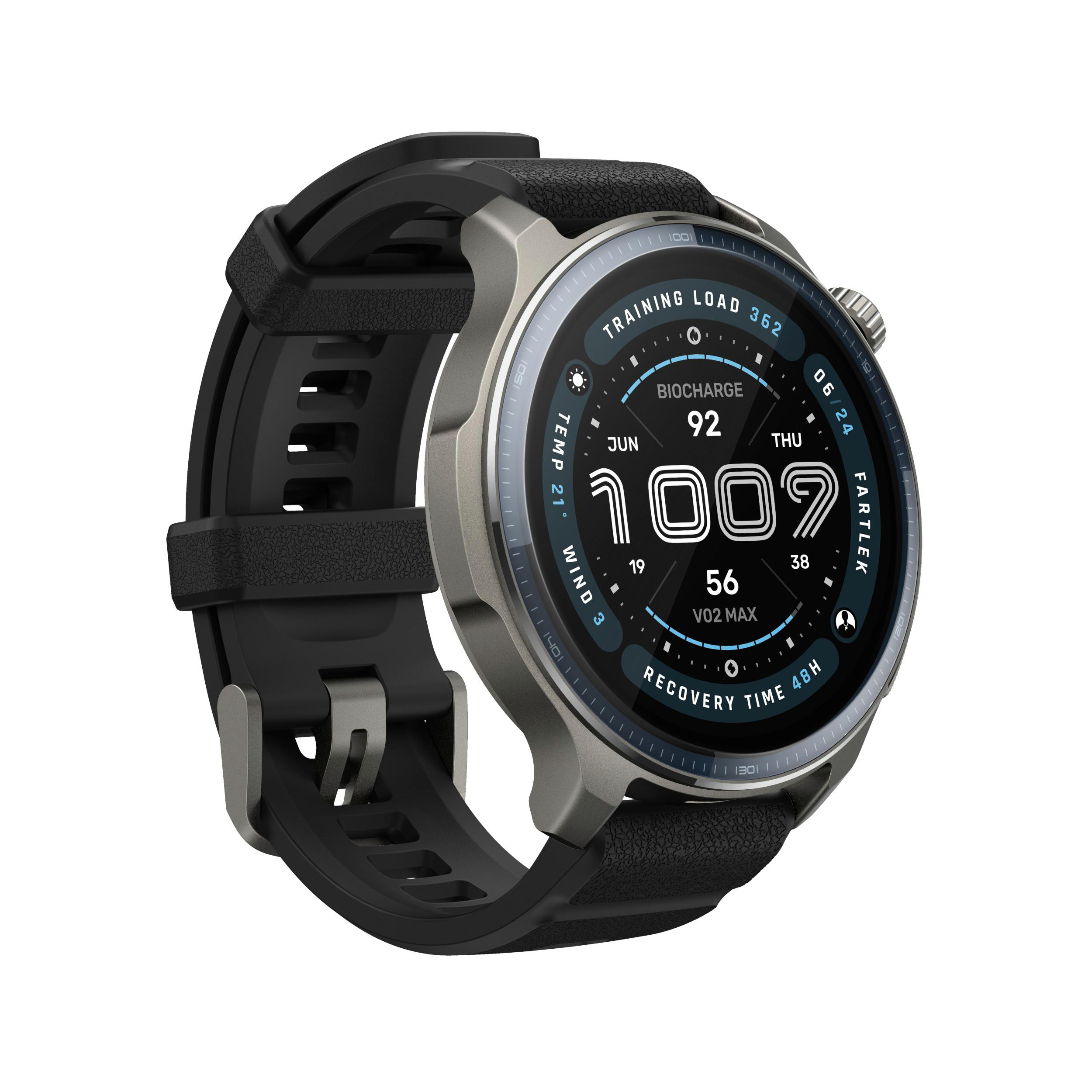 Eine Smartwatch mit schwarzem Armband und rundem Zifferblatt, das Gesundheitsdaten anzeigt. Sie hat eine silberne Lünette.