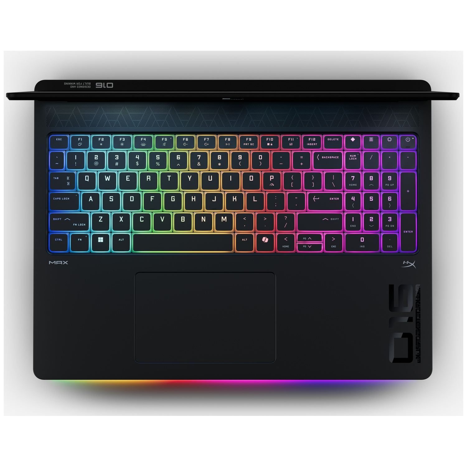 Black laptop keyboard with colorful backlit keys. The laptop is open, showing the keyboard and touchpad.