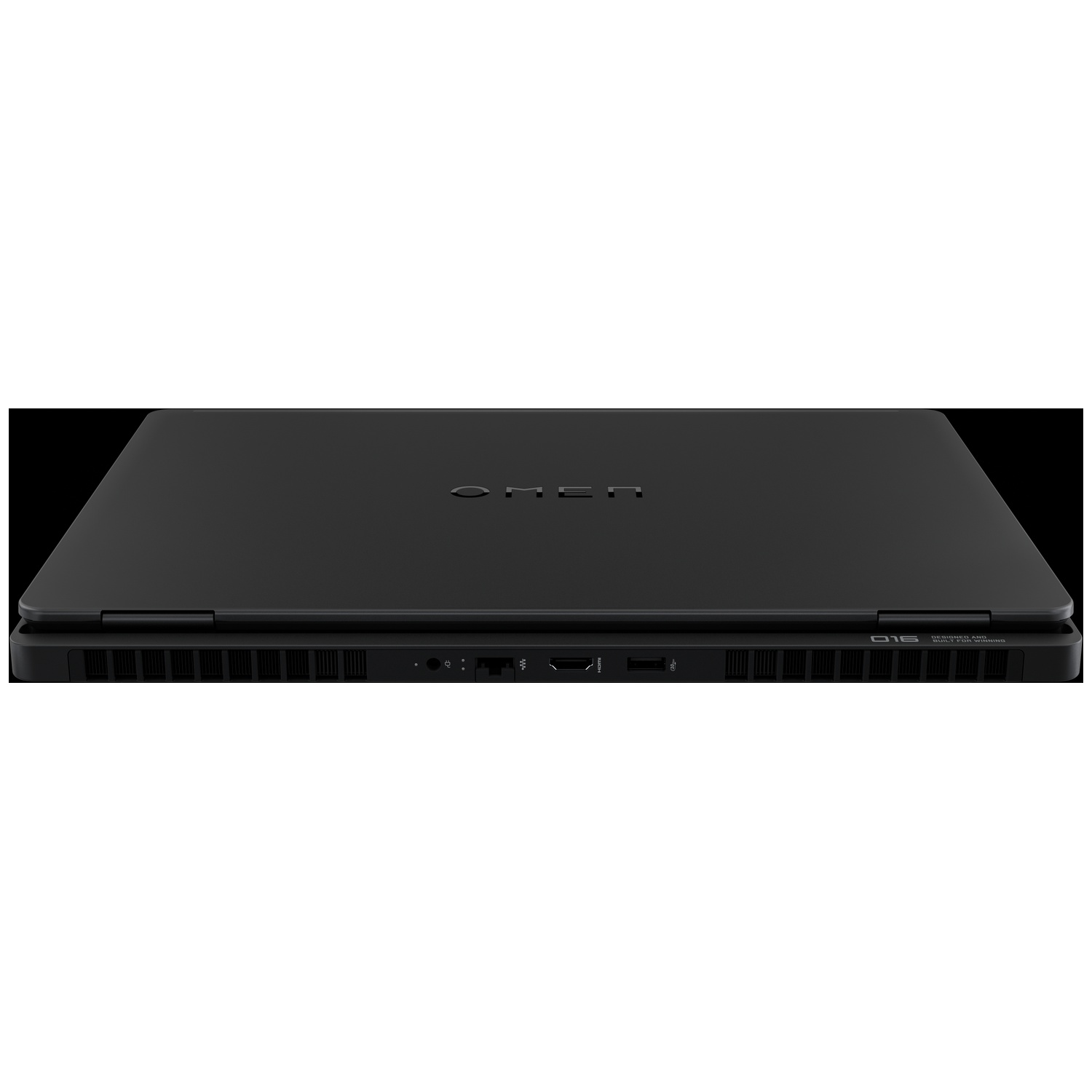 A black OMEN laptop is shown from a low angle. The lid is closed, and the OMEN logo is visible. Ports are seen at the back.