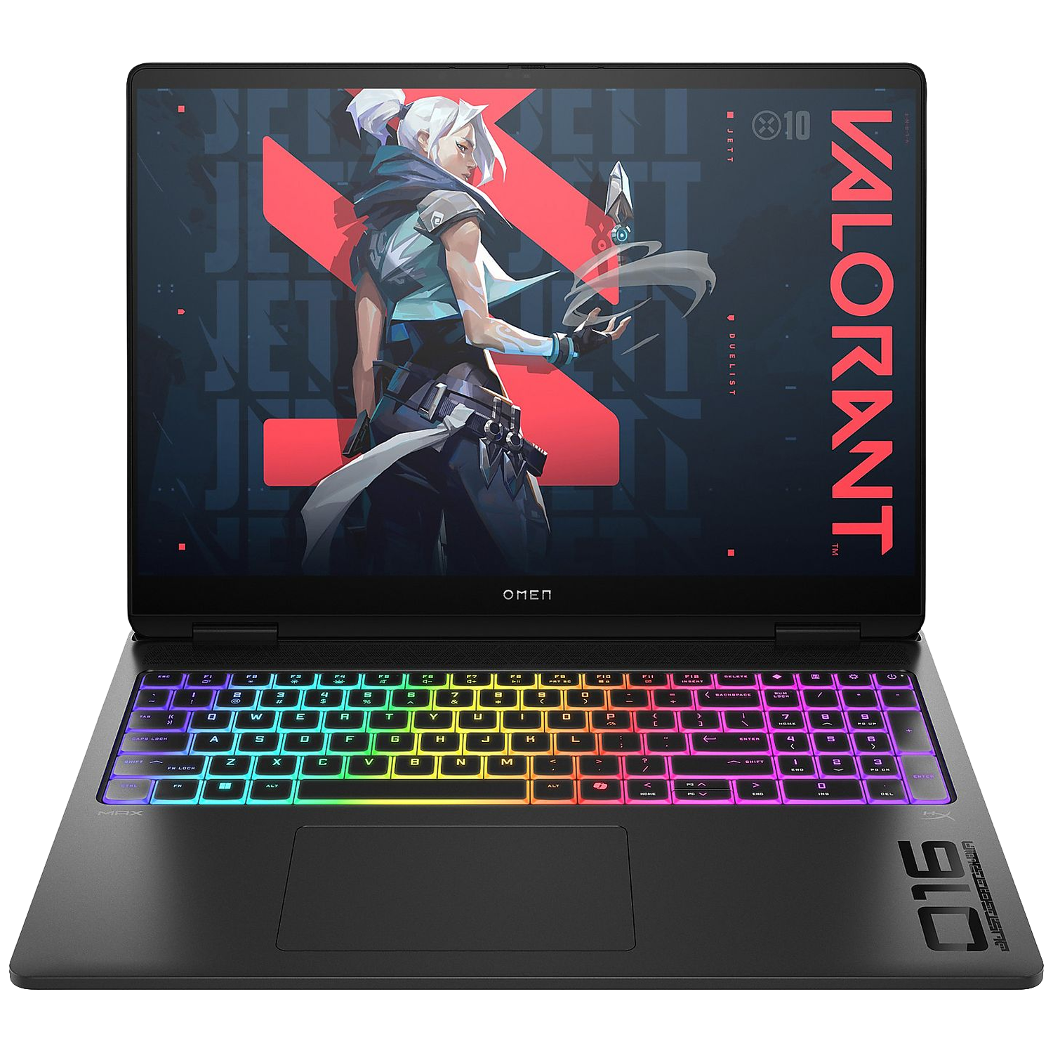 Laptop met Valorant-game op het scherm. Kleurrijk toetsenbord. Karakter 'Jett' staat op het scherm. De laptop is zwart, met regenboogtoetsenbord.