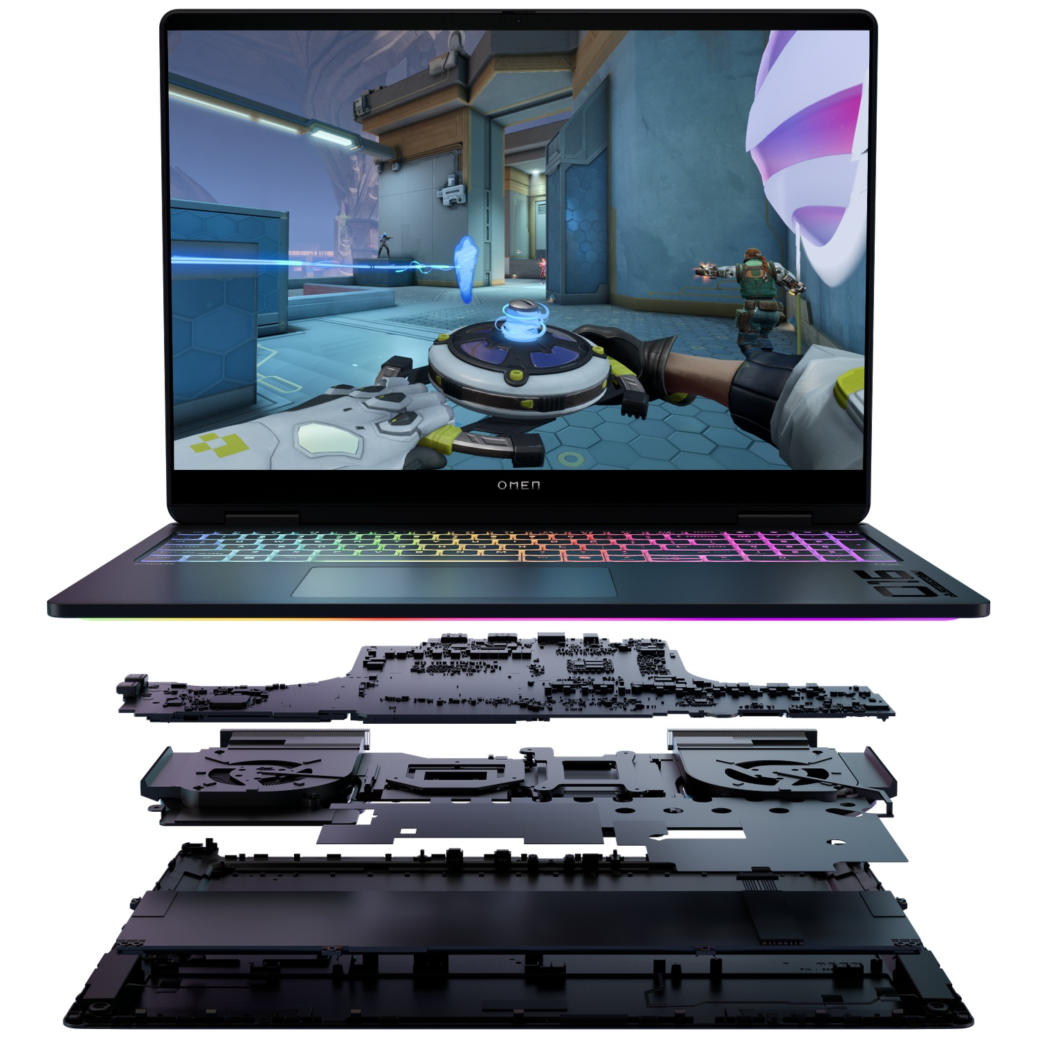 Laptop met game-scène. Daaronder een explosie van interne componenten. Toetsenbord met regenboogkleuren.