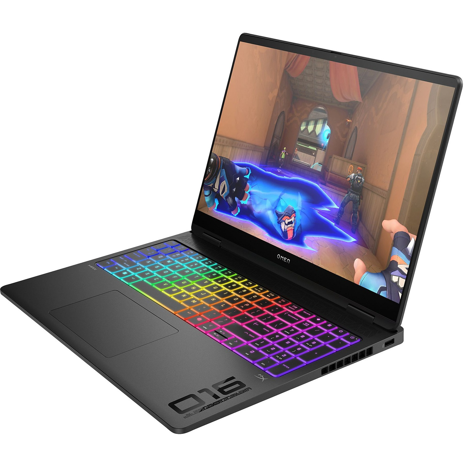 Open laptop displaying a video game scene. Keyboard has rainbow lighting. The laptop is black, with the Omen logo visible.