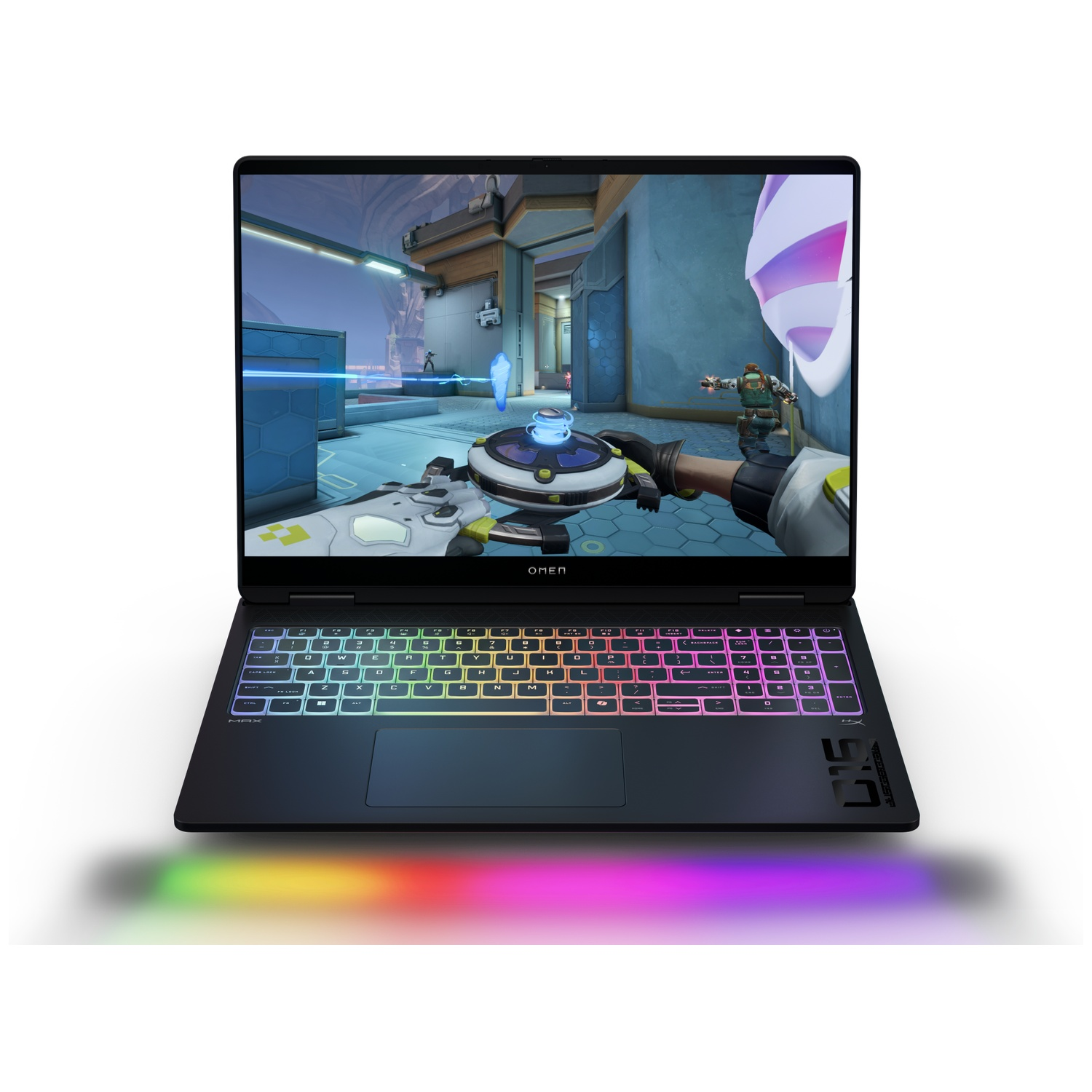 Gaming laptop displaying a game scene. Keyboard has rainbow lighting. OMEN logo visible. Game shows a character aiming a weapon.