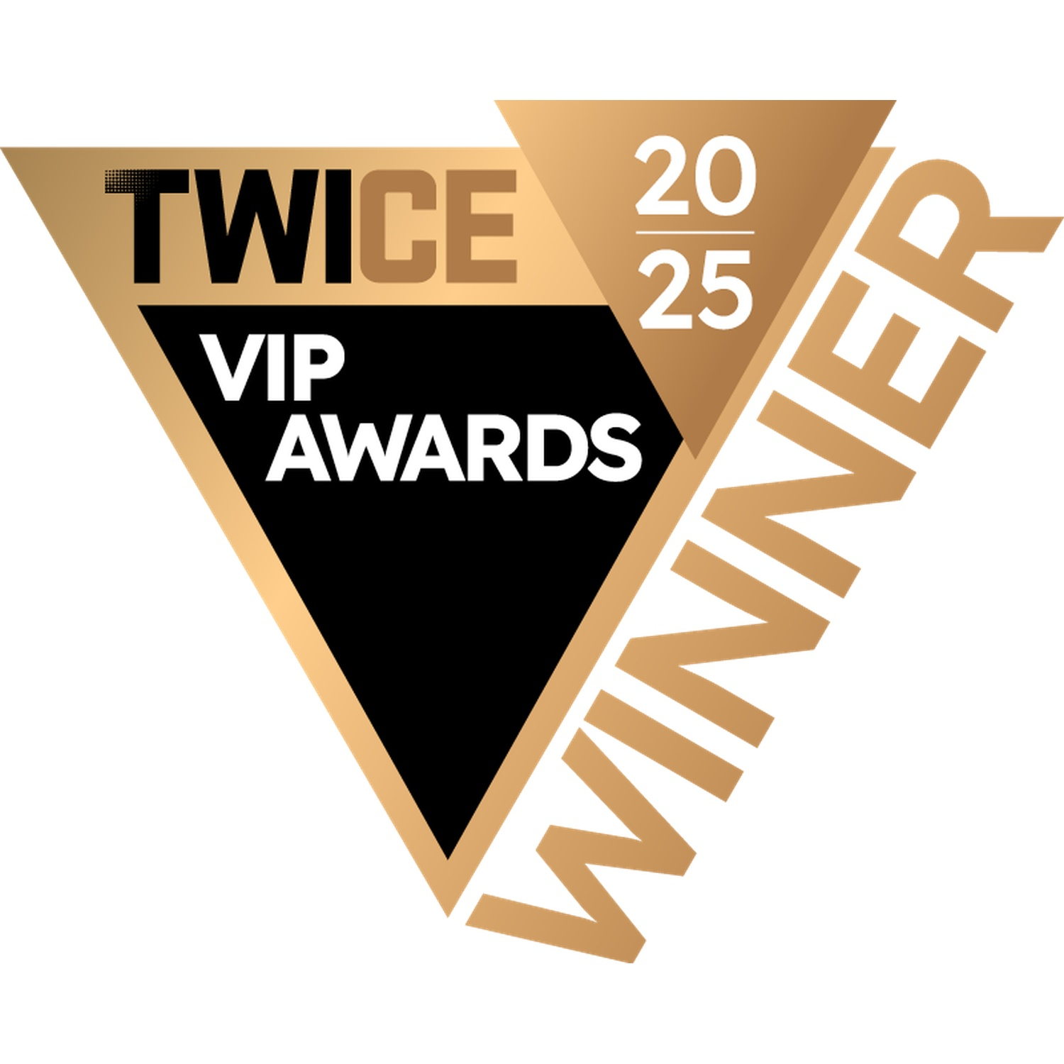 Triangle doré et noir avec texte : TWICE VIP AWARDS, 20/25, WINNER. Fond blanc.