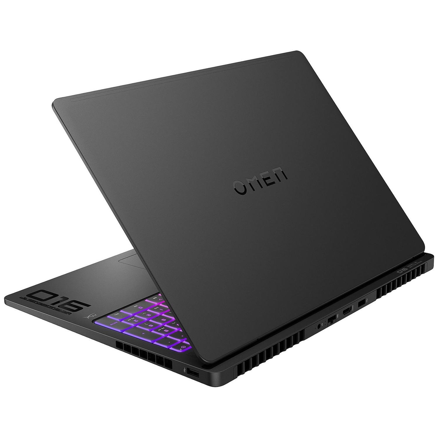 Black Omen laptop, partially open. The keyboard has purple backlighting. The Omen logo is on the lid.
