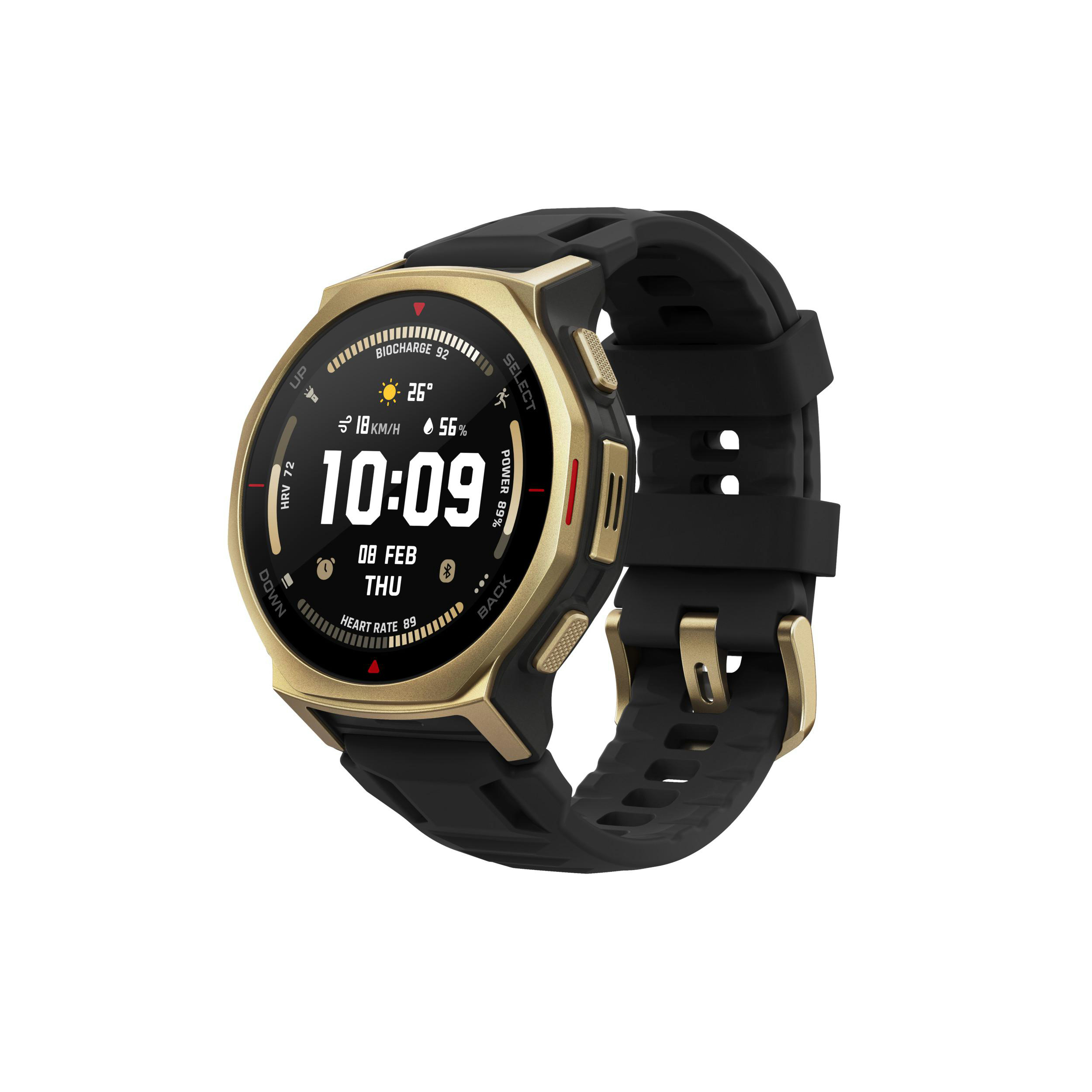Eine schwarz-goldene Smartwatch, die Gesundheitsmetriken anzeigt. Sie zeigt Zeit, Herzfrequenz und Akkulaufzeit.