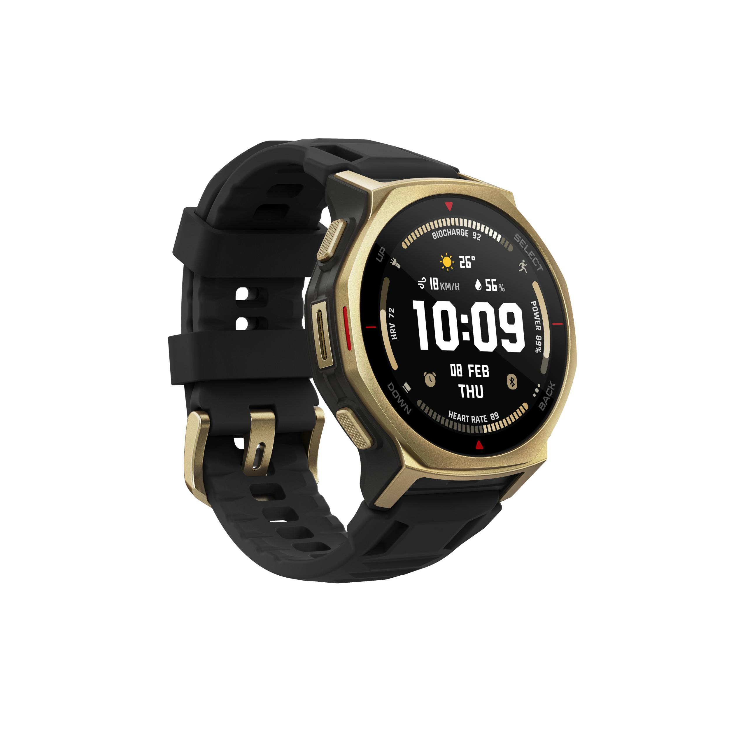 Eine schwarze und goldene Smartwatch zeigt Zeit, Datum und Gesundheitsdaten an. Das Band ist schwarz.