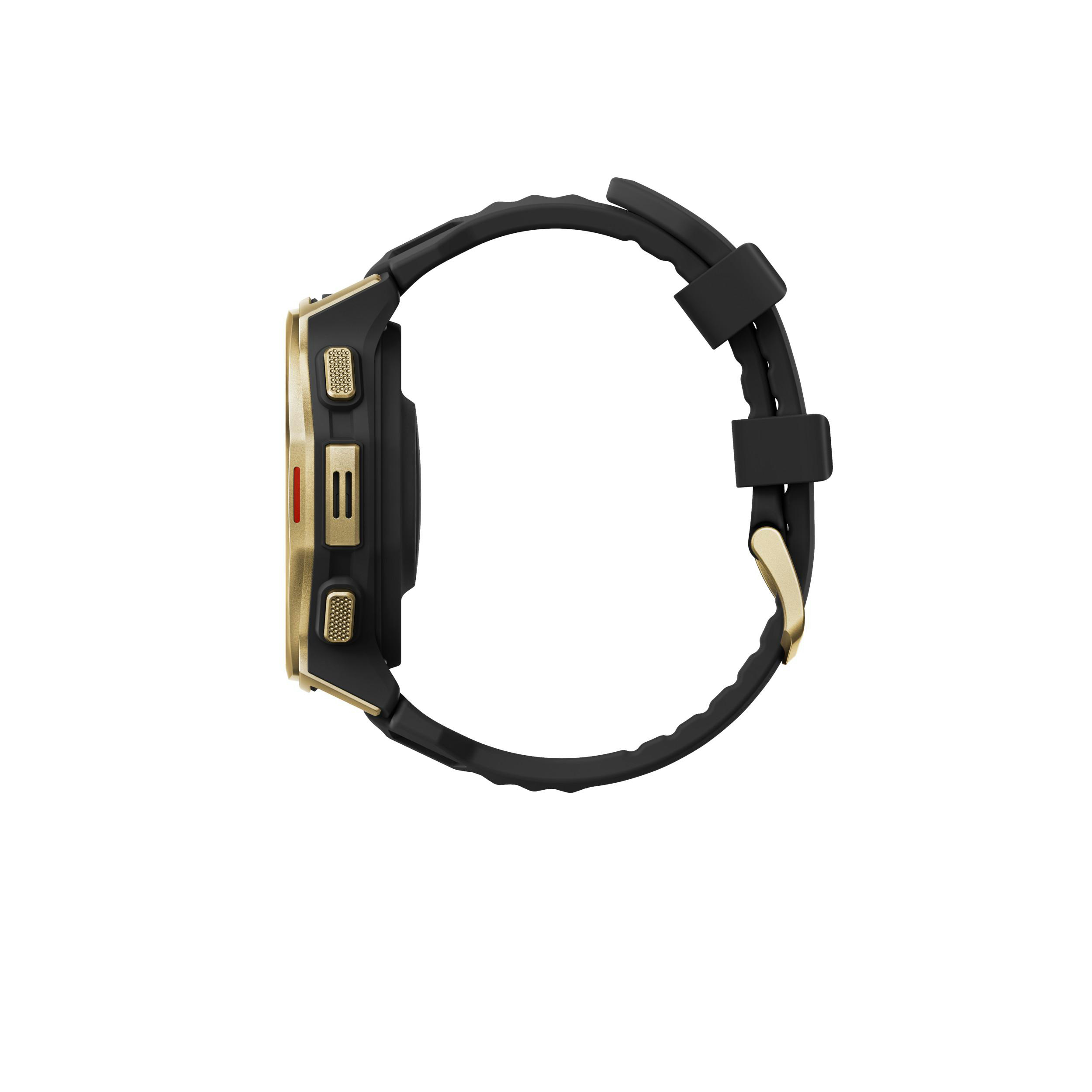Seitenansicht einer schwarzen Smartwatch mit goldener Lünette und schwarzem Armband, isoliert auf weißem Hintergrund.