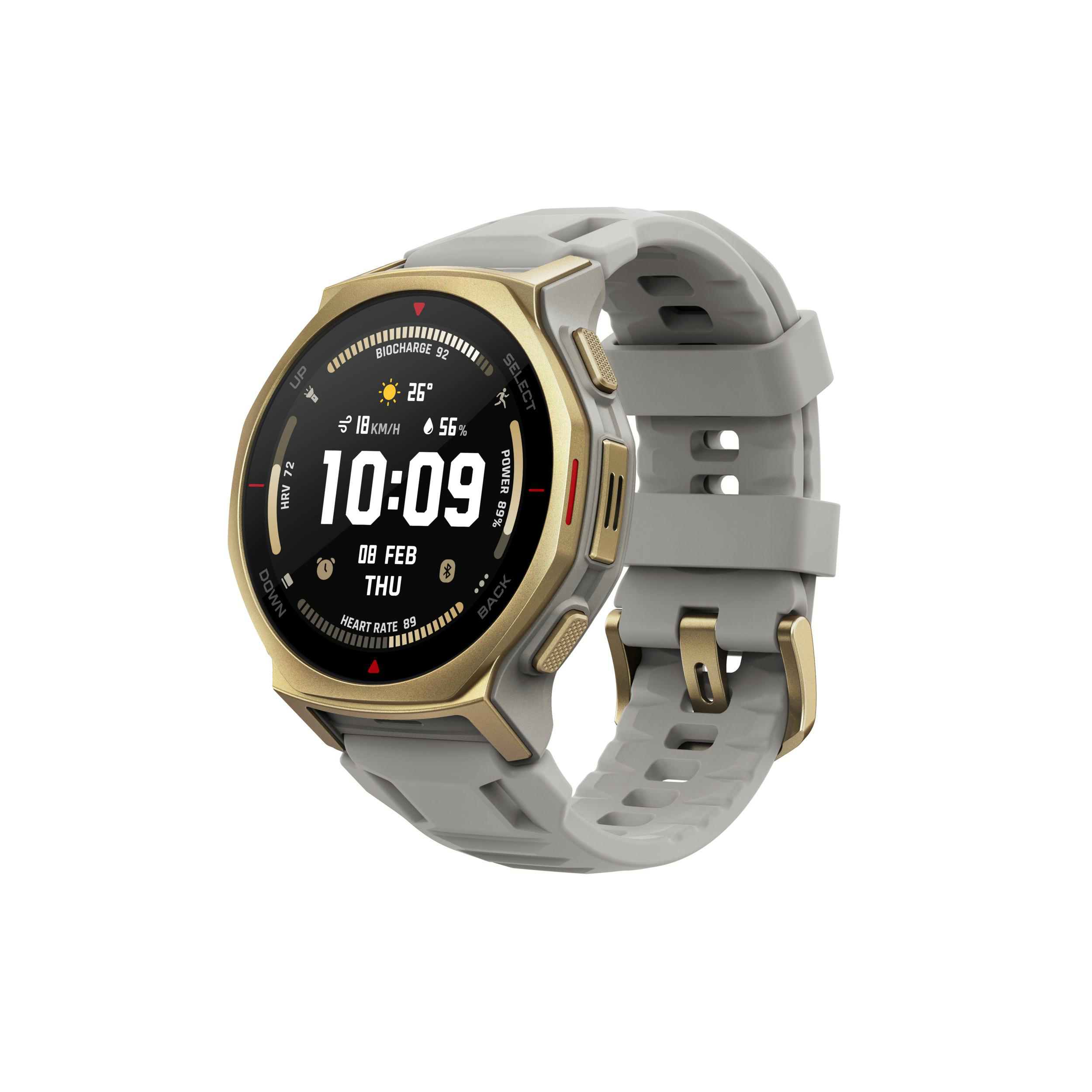 Eine Smartwatch mit goldener Lünette und grauem Armband. Der Bildschirm zeigt Zeit, Datum und Gesundheitsdaten.