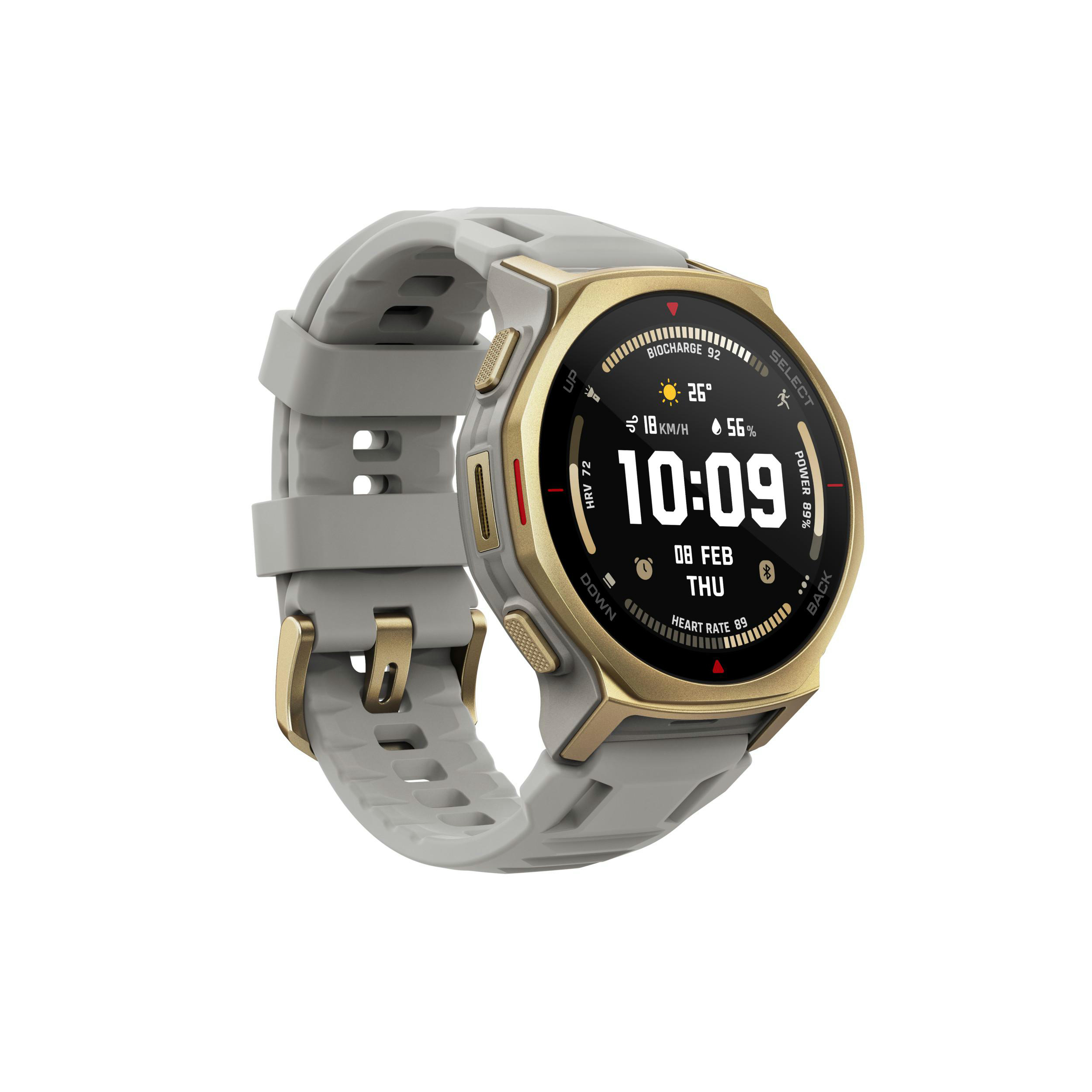 Eine Smartwatch mit goldener Lünette und grauem Armband zeigt Zeit, Datum und Gesundheitsdaten an. Der Bildschirm zeigt Zeit und Wetter.