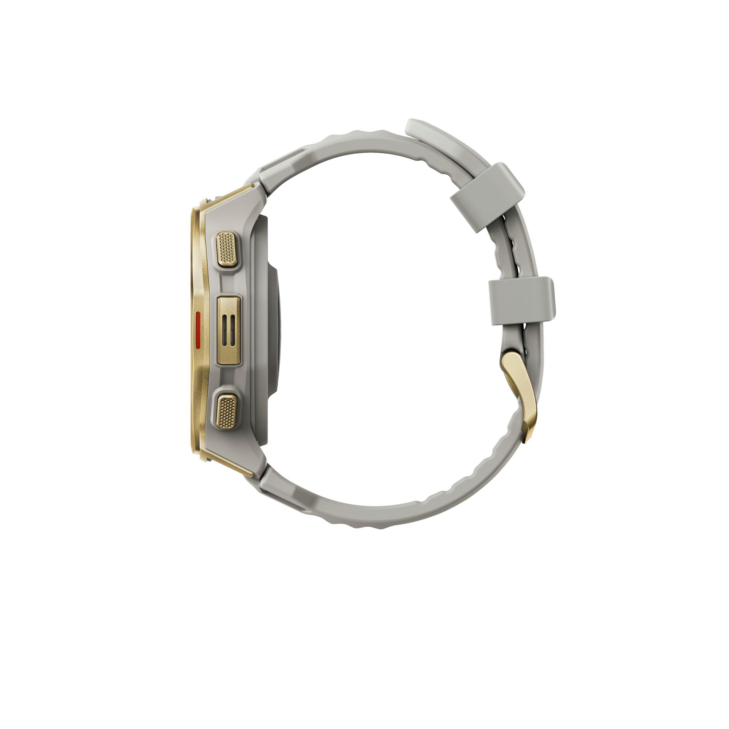 Seitenansicht einer Smartwatch mit goldener Lünette, grauem Armband und schwarzem Bildschirm. Isoliert auf weißem Hintergrund.