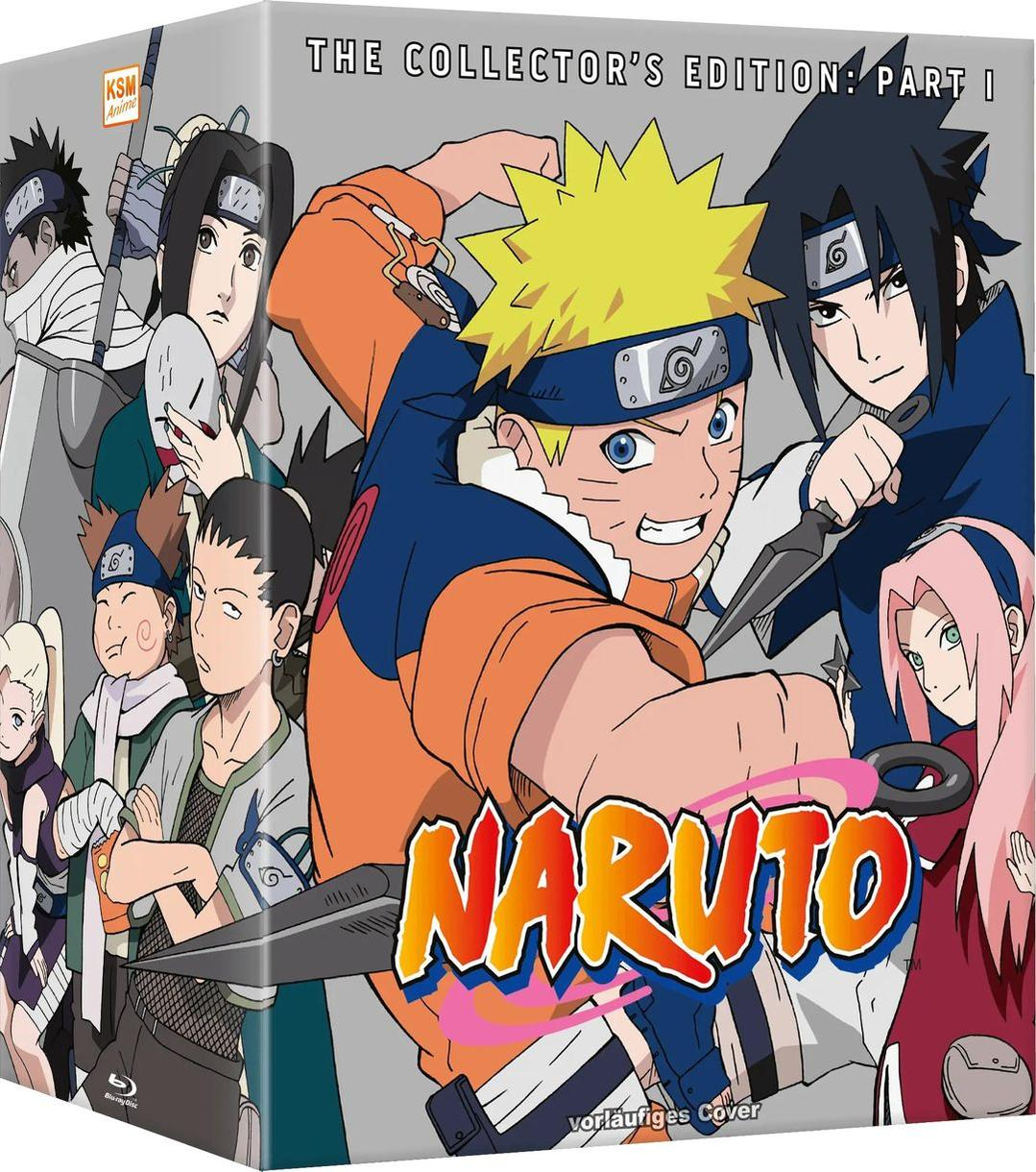 Naruto Anime-Cover. Naruto in Orange und Blau, mit Charakteren im Hintergrund. Der Titel ist in Orange und Pink.
