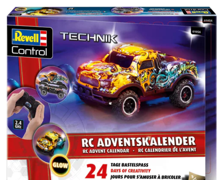 Schachtelkunst für einen RC-Adventskalender. Enthält einen Spielzeug-LKW, eine Fernbedienung und das Revell Control-Logo, sowie Text.