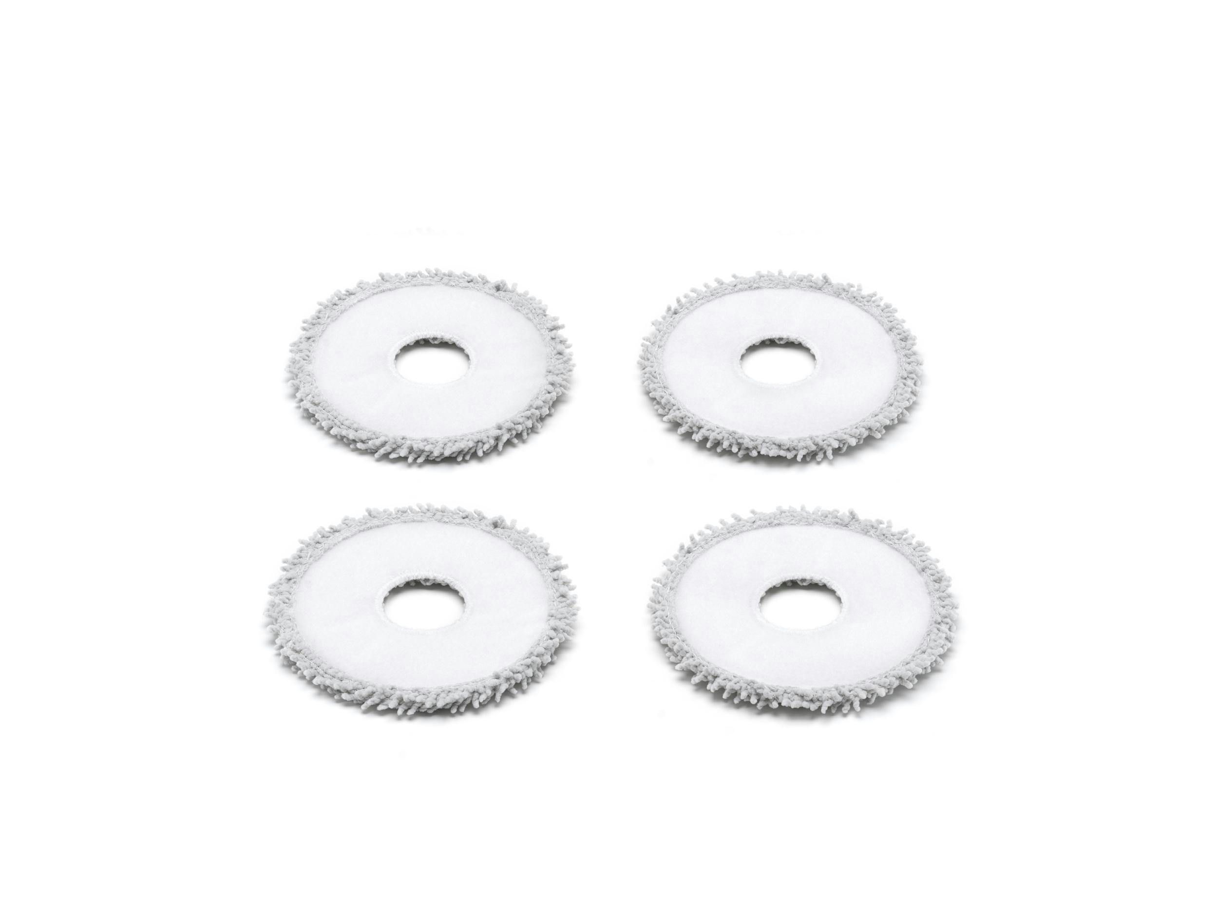 Vier kreisförmige, weiße Mopp-Pads mit grauem, gefranstem Rand, jedes mit einem zentralen Loch, auf weißem Hintergrund angeordnet.