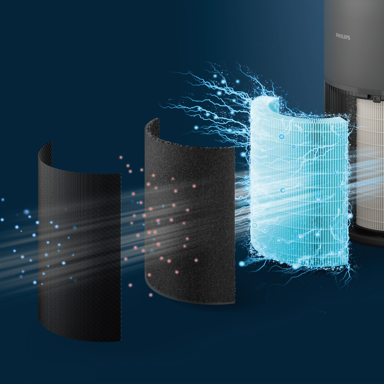Image showing air filter components. Black pre-filter, activated carbon filter, and HEPA filter with electrical effect. Philips air purifier.
