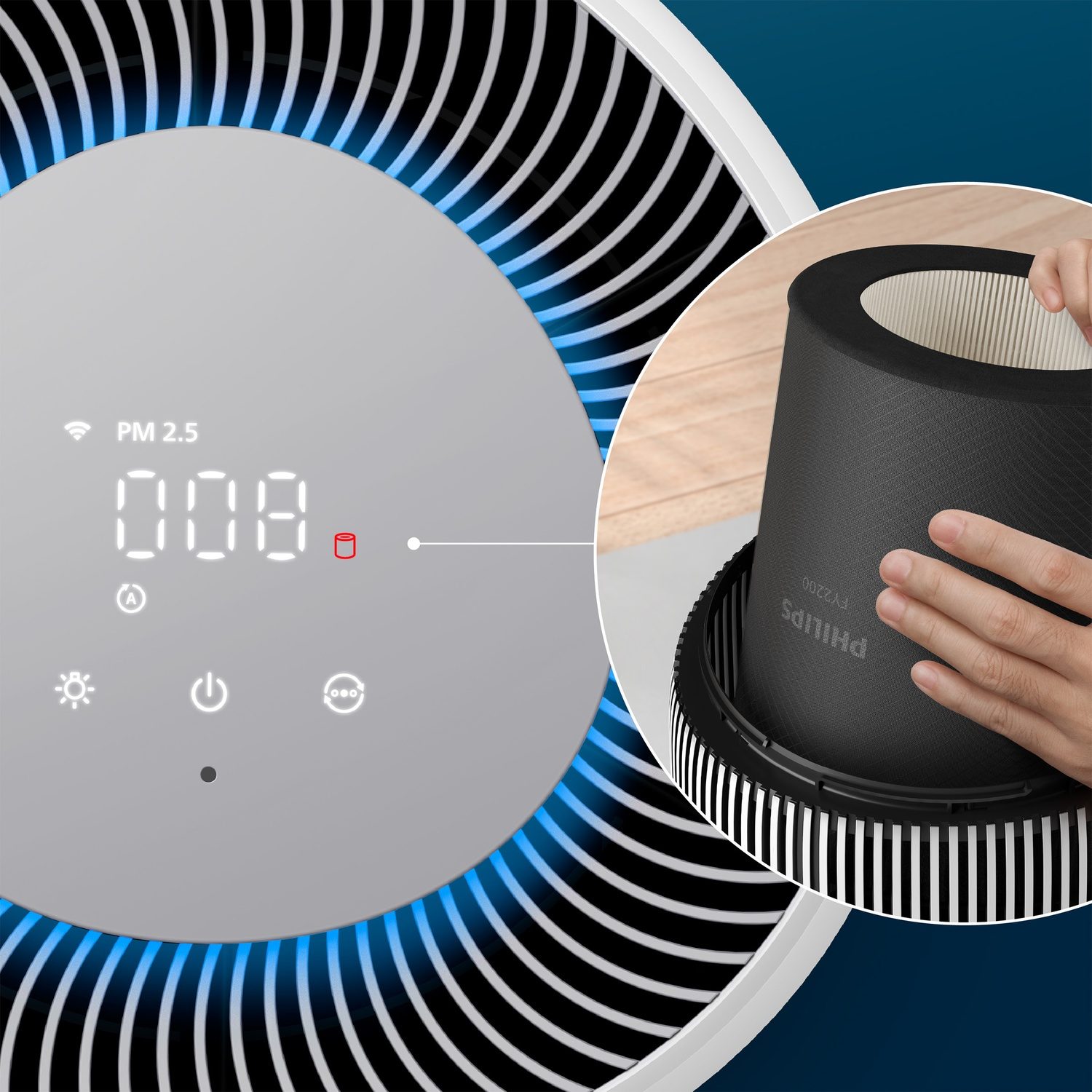 An air purifier shows PM2.5 level as 008. A hand inserts a filter into the device. Blue light and black and white details are visible.
