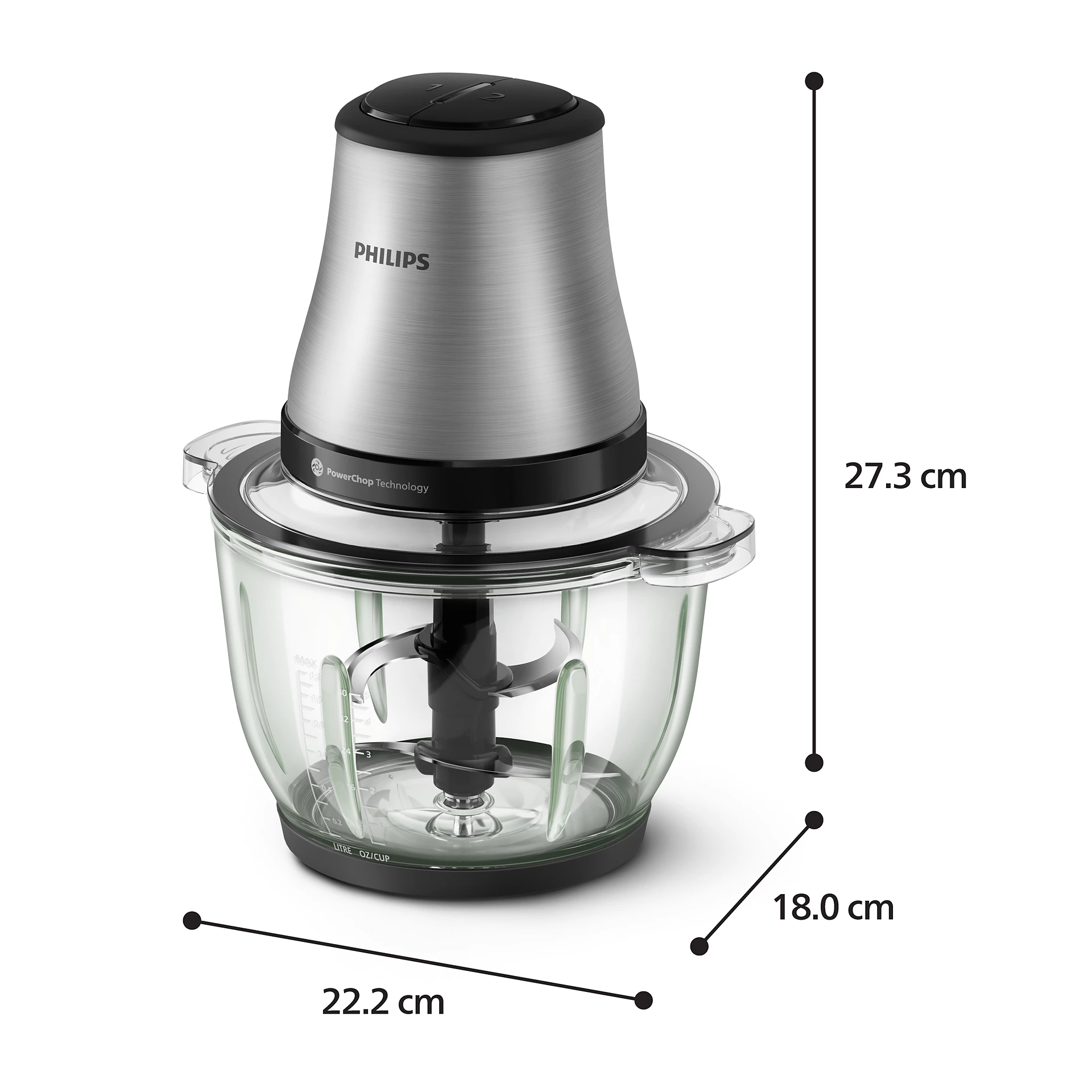 Un picador de alimentos Philips con tapa de acero inoxidable y cuenco de vidrio. Se muestran las dimensiones. Cuchillas negras dentro.