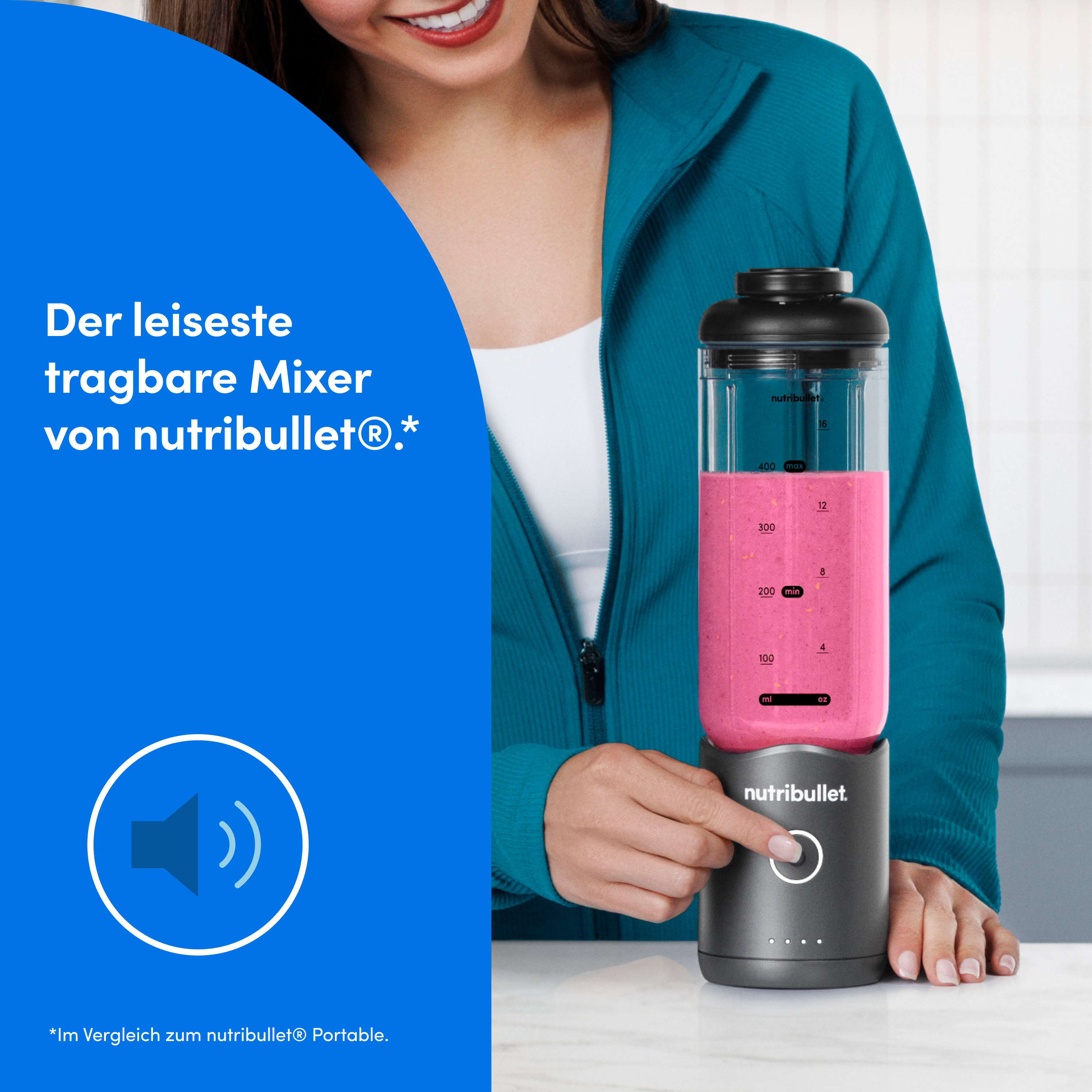 Eine Frau bedient einen Nutribullet-Mixer mit rosa Smoothie. Text: 'Der leiseste tragbare Mixer'.