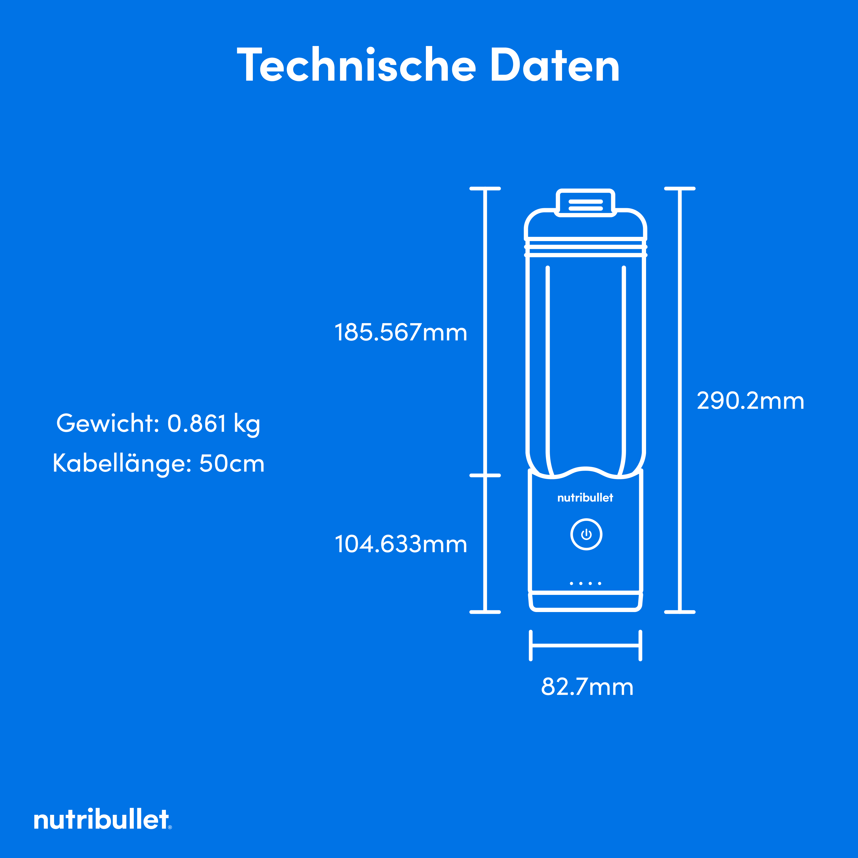 Blauer Hintergrund mit weißem Diagramm eines Mixers, mit Abmessungen und Text auf Deutsch.