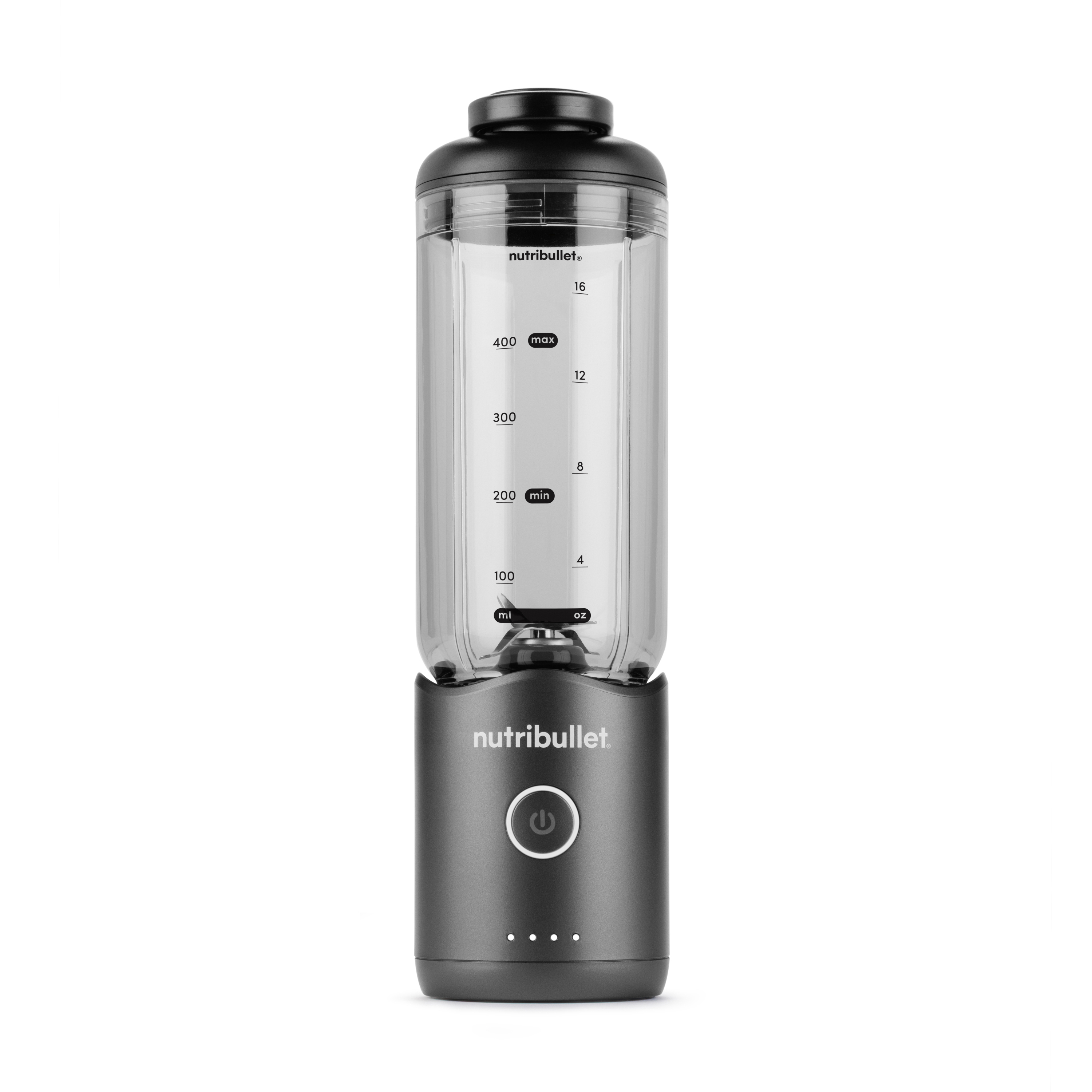 Ein grauer Nutribullet-Mixer auf weißem Hintergrund. Er hat einen Ein-/Ausschalter und Füllstandsanzeigen.