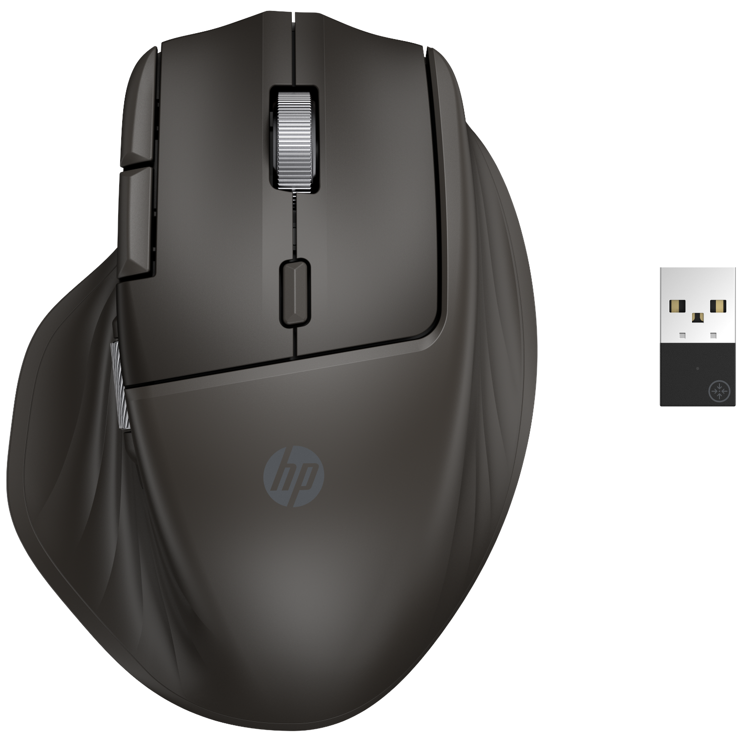 A black HP wireless ergonomic mouse and a USB receiver are on a white background. The mouse has multiple buttons and a scroll wheel.