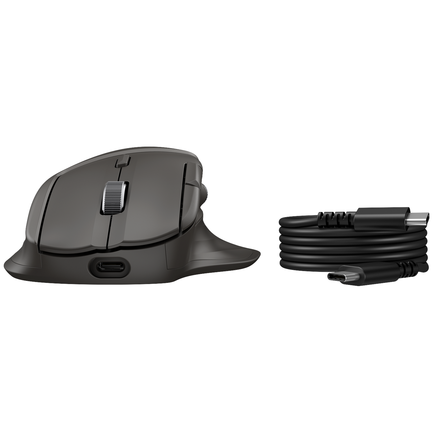 A black ergonomic mouse and a black USB-C cable are on a white background. The mouse has a scroll wheel and side buttons.
