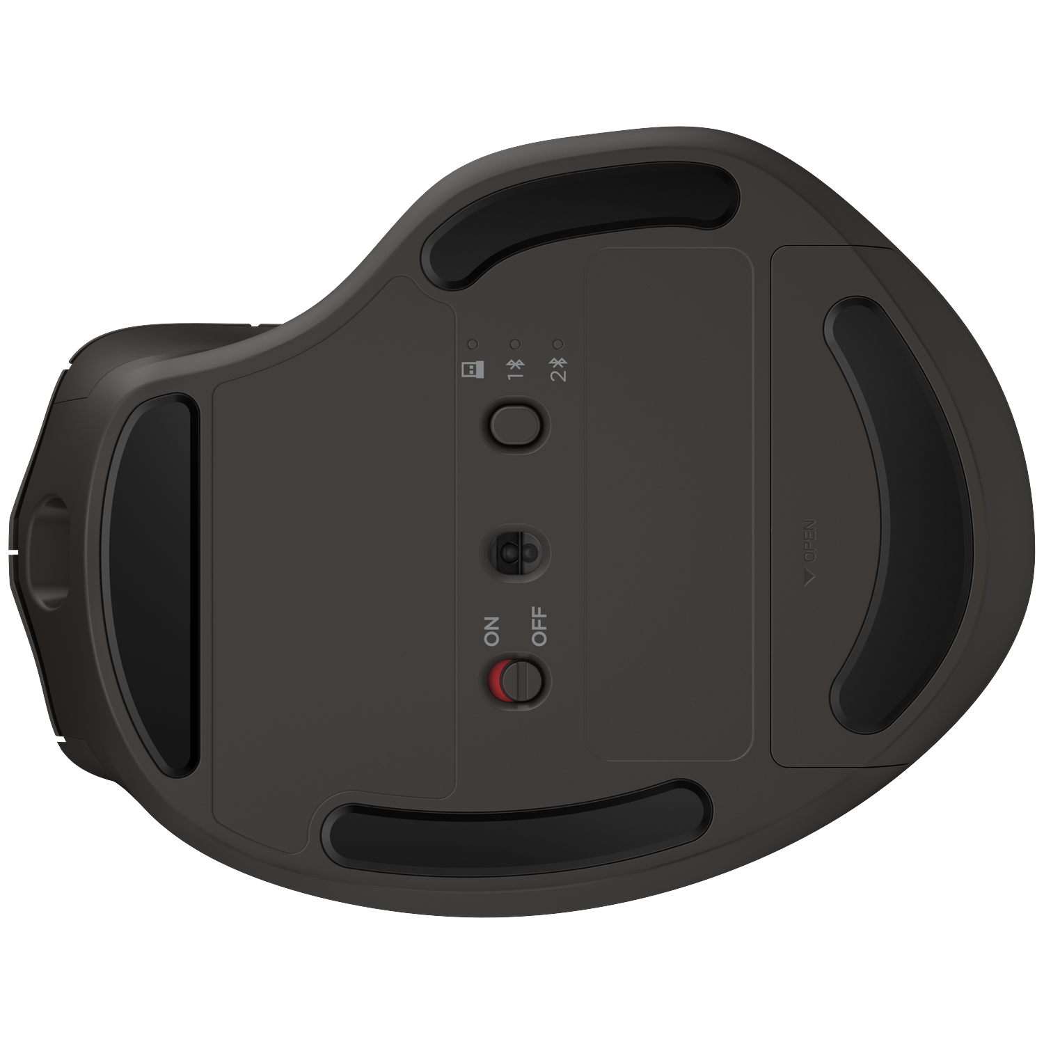 Bottom view of a dark gray ergonomic mouse. It has black pads, buttons, and a red on/off switch. Bluetooth and power indicators are visible.