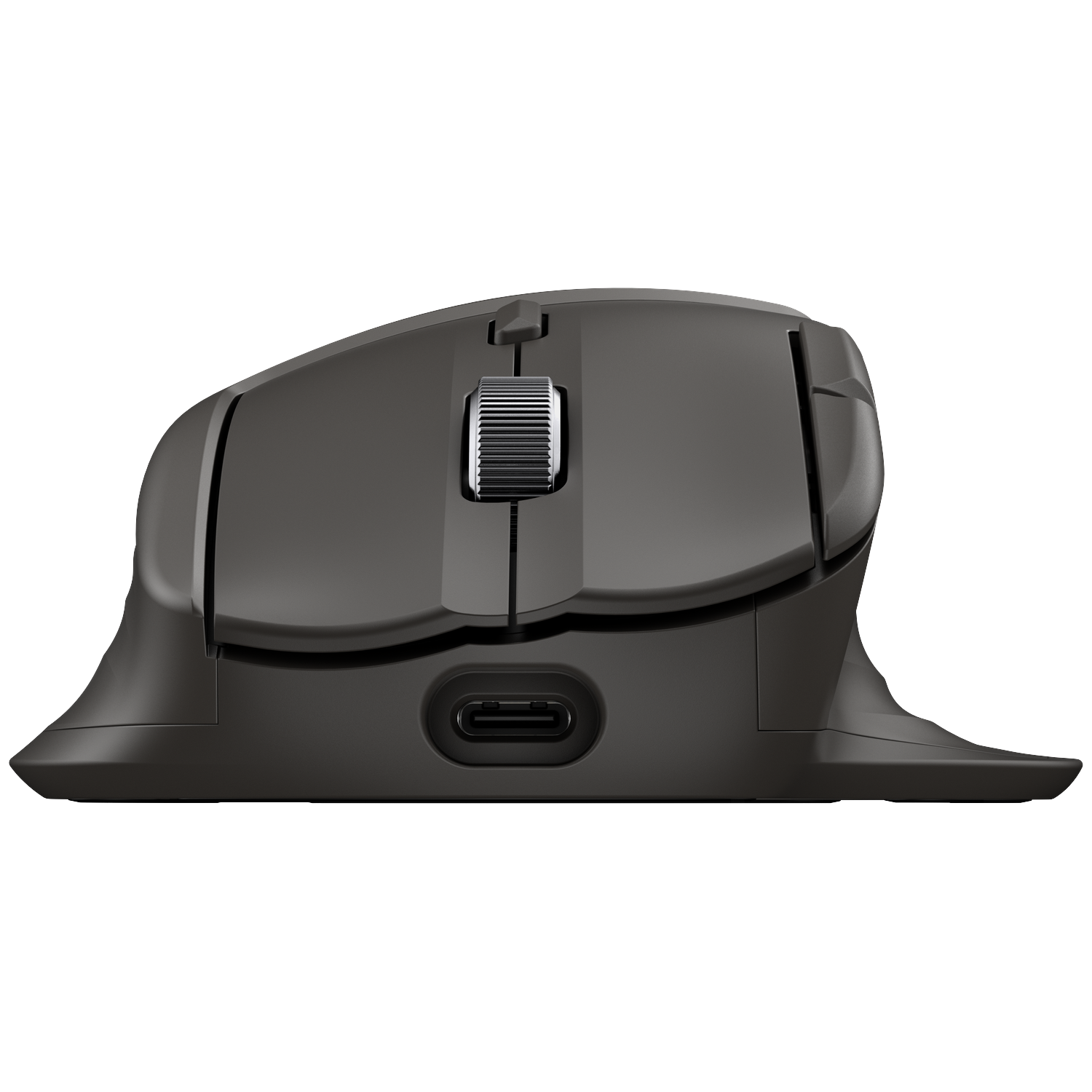 A black computer mouse is shown from the side. It has a scroll wheel, several buttons, and a USB-C port. The background is white.