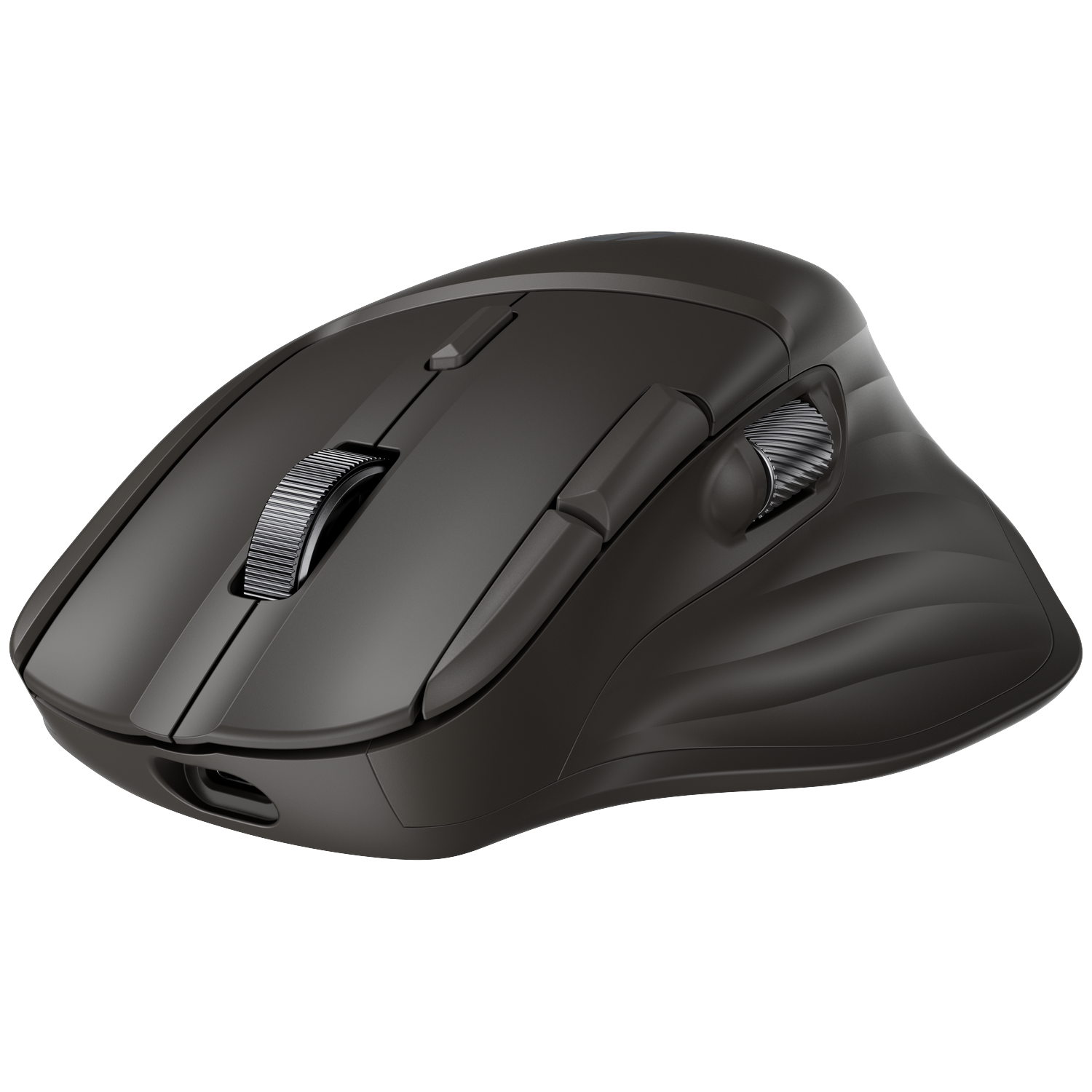 A black ergonomic computer mouse with a scroll wheel and buttons. The mouse is designed for comfort and has a sleek, modern look.