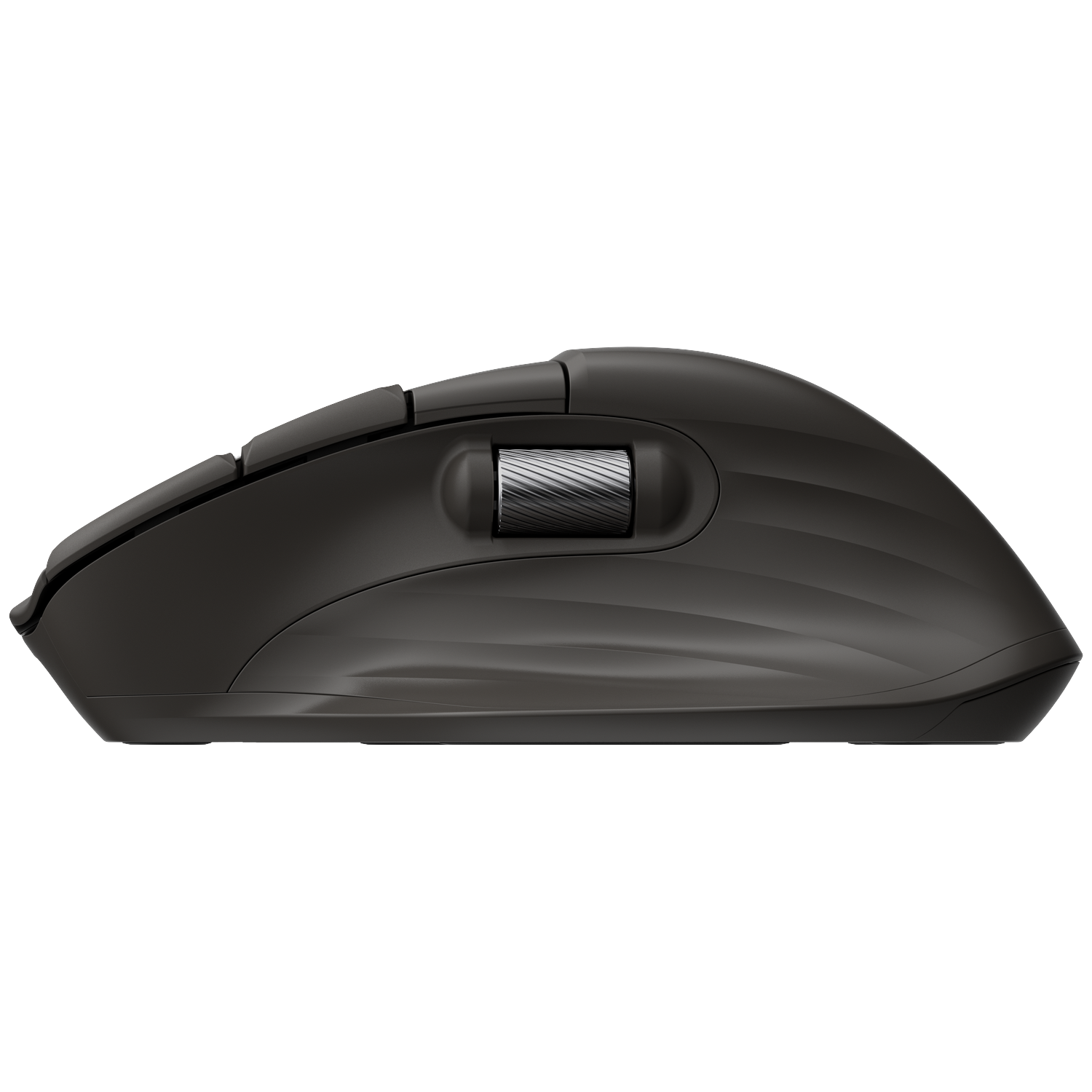A black wireless computer mouse with a scroll wheel. It has several buttons and a contoured design for ergonomic use.