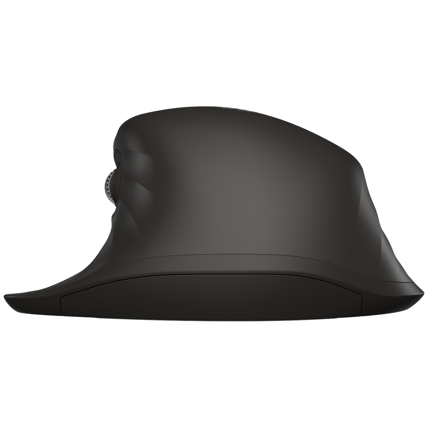 A black ergonomic computer mouse with a scroll wheel is isolated on a white background. The mouse has a curved design.