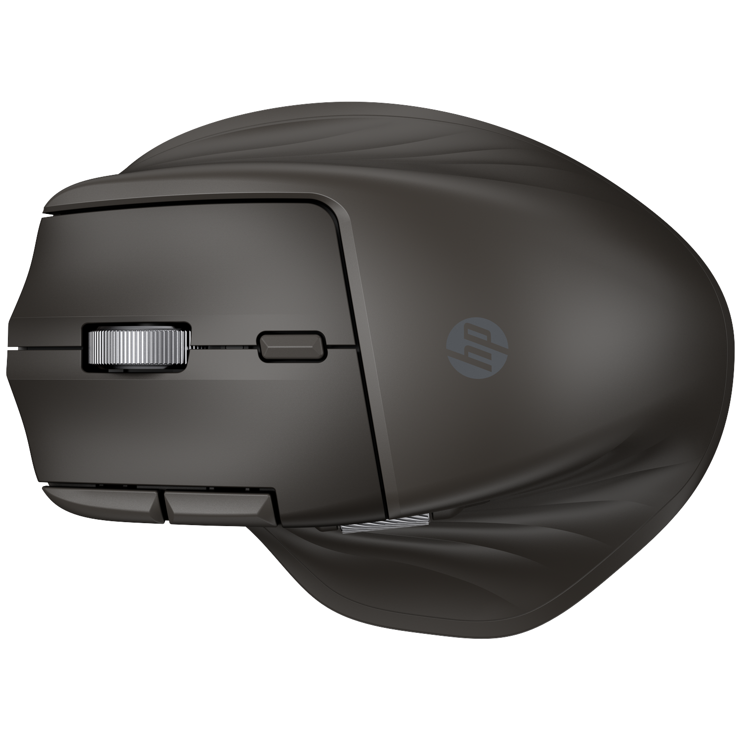 A black HP ergonomic mouse with scroll wheel, buttons, and HP logo. The mouse is on a white background. 