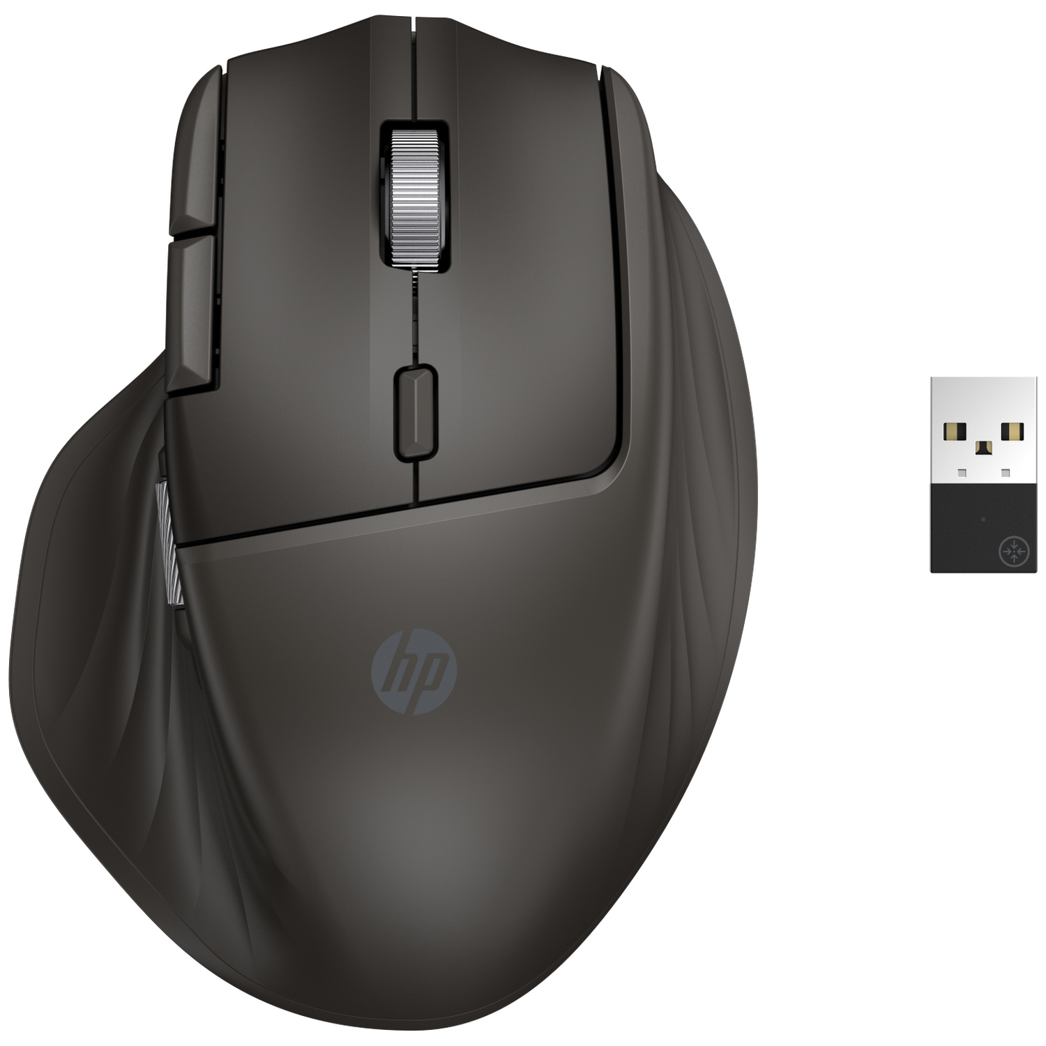 Une souris ergonomique HP noire avec une molette argentée et un récepteur USB. La souris a un design incurvé pour le confort.