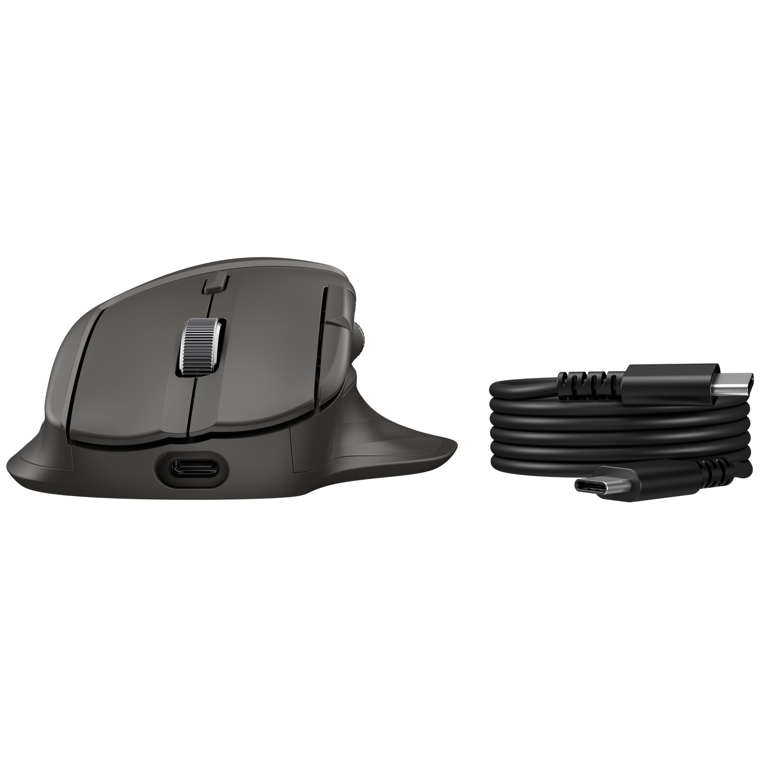 Une souris ergonomique grise et un câble USB-C noir sur fond blanc. La souris a une molette et des boutons.