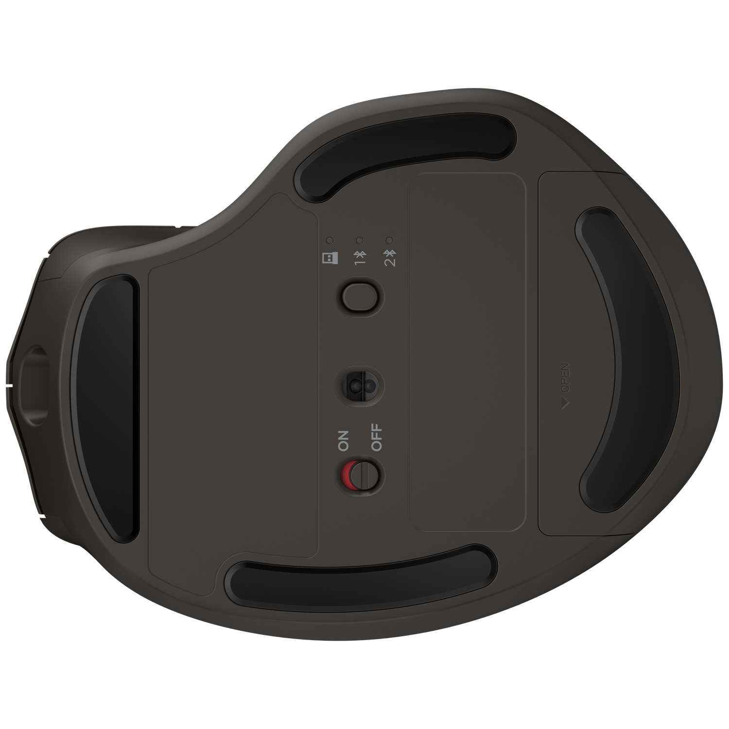 Vue de dessous d'une souris ergonomique gris foncé. Elle possède des boutons et un interrupteur d'alimentation. Des coussinets noirs.