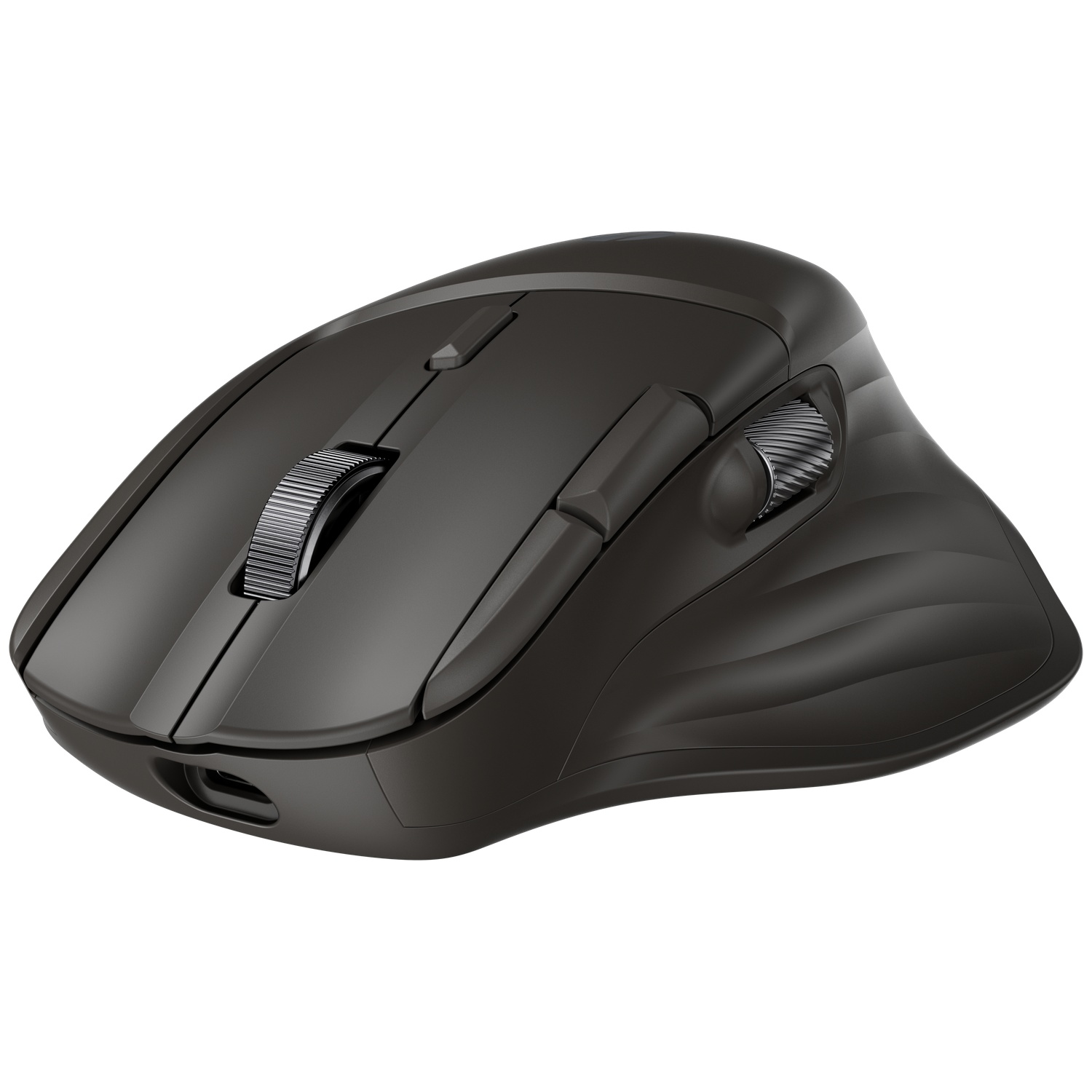 Une souris d'ordinateur ergonomique noire avec une molette de défilement et plusieurs boutons. Elle est sur fond blanc.